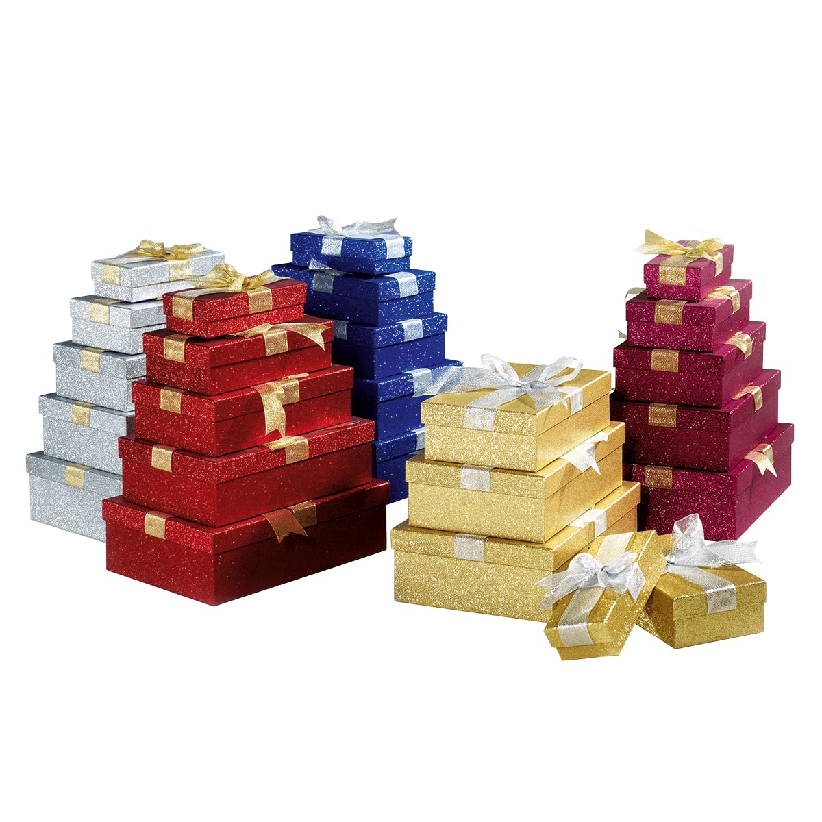 Geschenkboxen-Set mit Schleifen 5 Stück Gold glitzernd von 17 x 8 x 5 cm bis 30 x 21 x 9 cm (L x B x H) Geschenkverpackung Aufbewahrung
