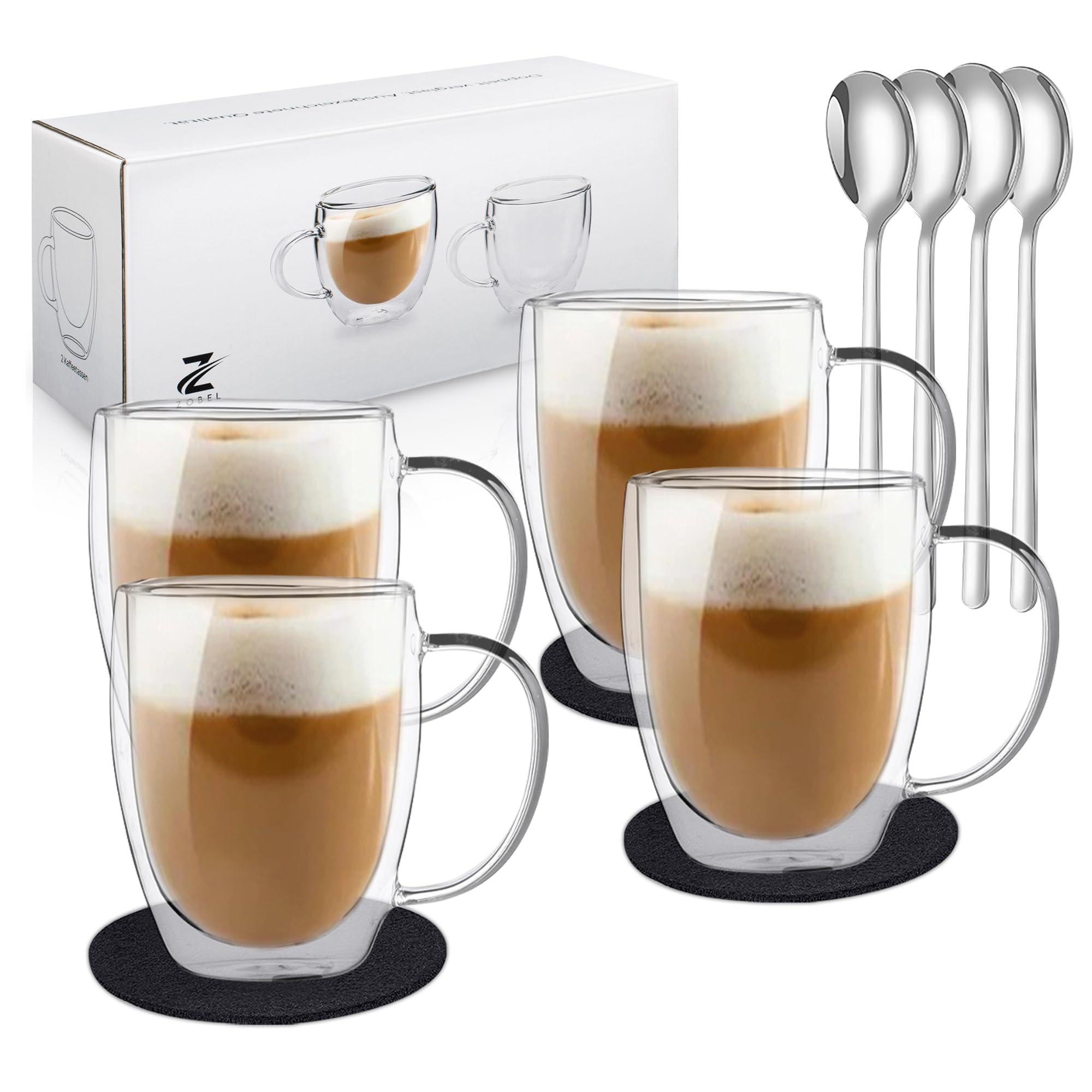 Zobel Latte Macchiato Gläser 350ml mit Henkel | 4er Set doppelwandige Kaffeegläser aus Borosilikatglas inkl. Untersetzer & Löffel | Spülmaschinenfest & hitzebeständig