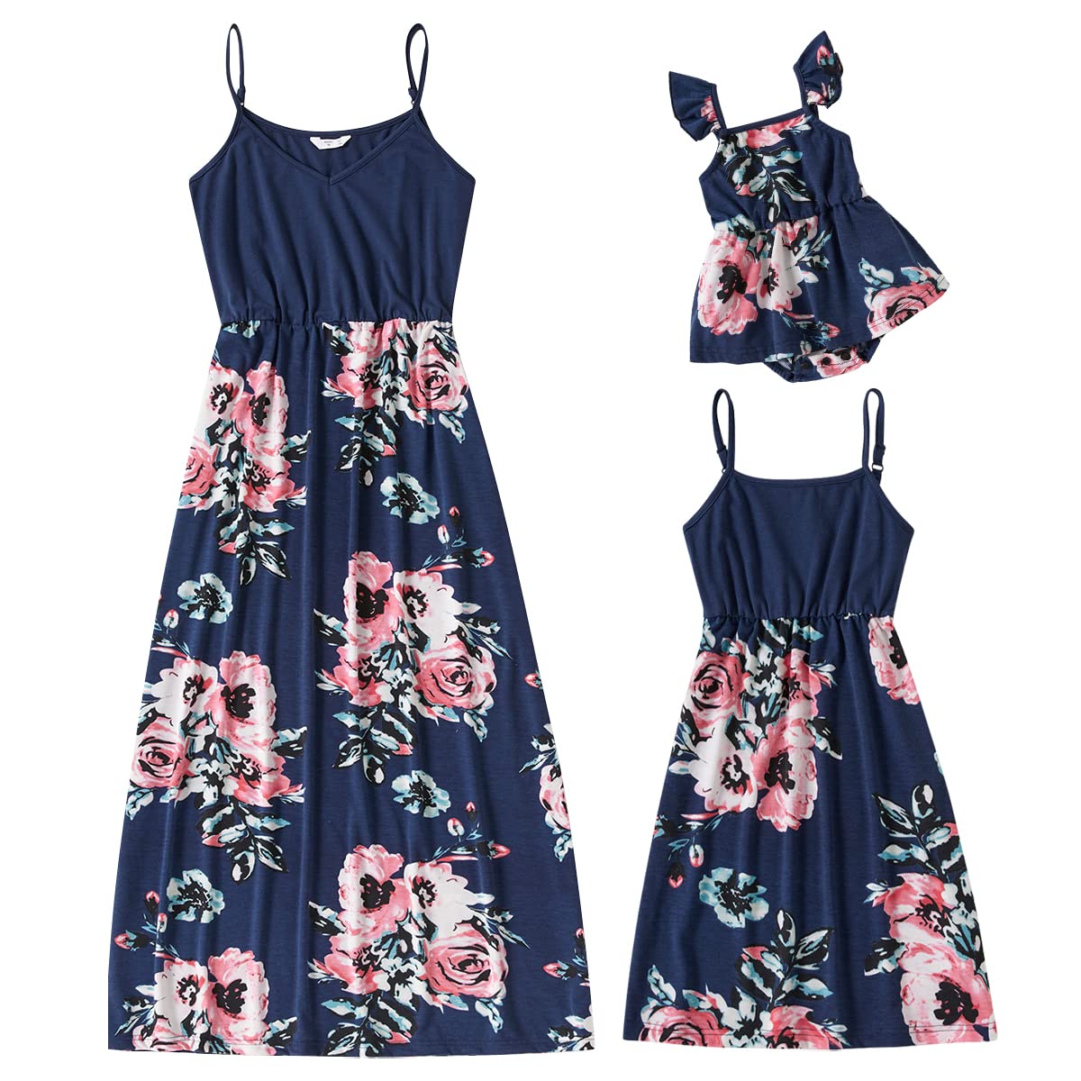 AWIBMKMommy and Me Matching Dresses Floral Ruffled Backless Midi Beach Dress Self-tied Belt Summer Mom Daughter Matching Outfits