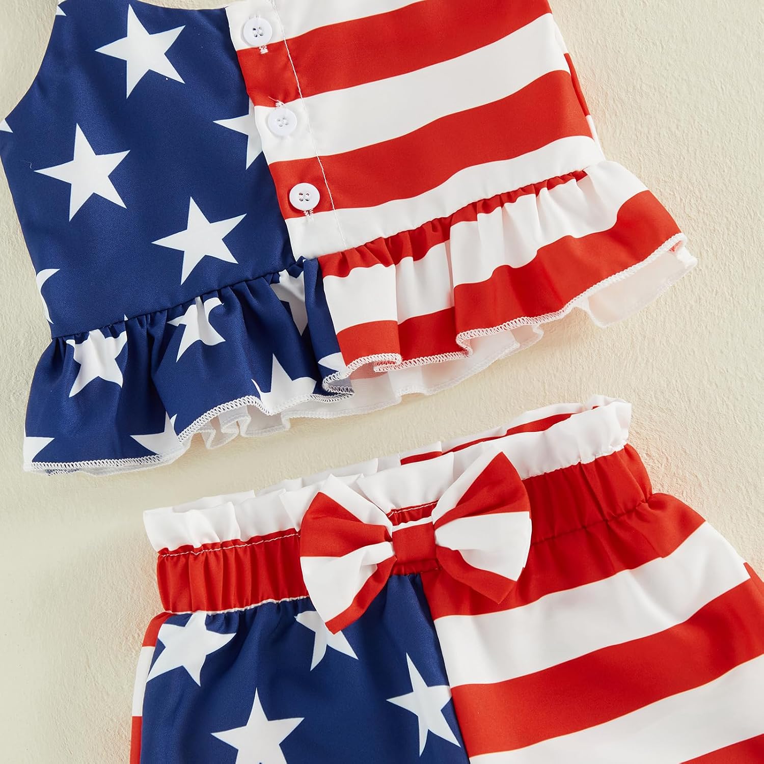 4th Of July Little Girl Outfit Stars/Striped Print Sleeveless Spaghetti Strap Ruffle Button Up Tops Bow Shorts Set