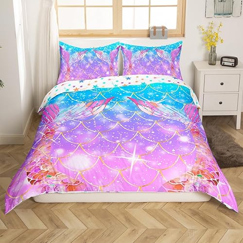 Miniatura 9 de Erosebridal Funda de edredón de sirena arcoíris con cola de sirena, juego de ropa de cama para niñas, juego de ropa de cama con estampado de conchas