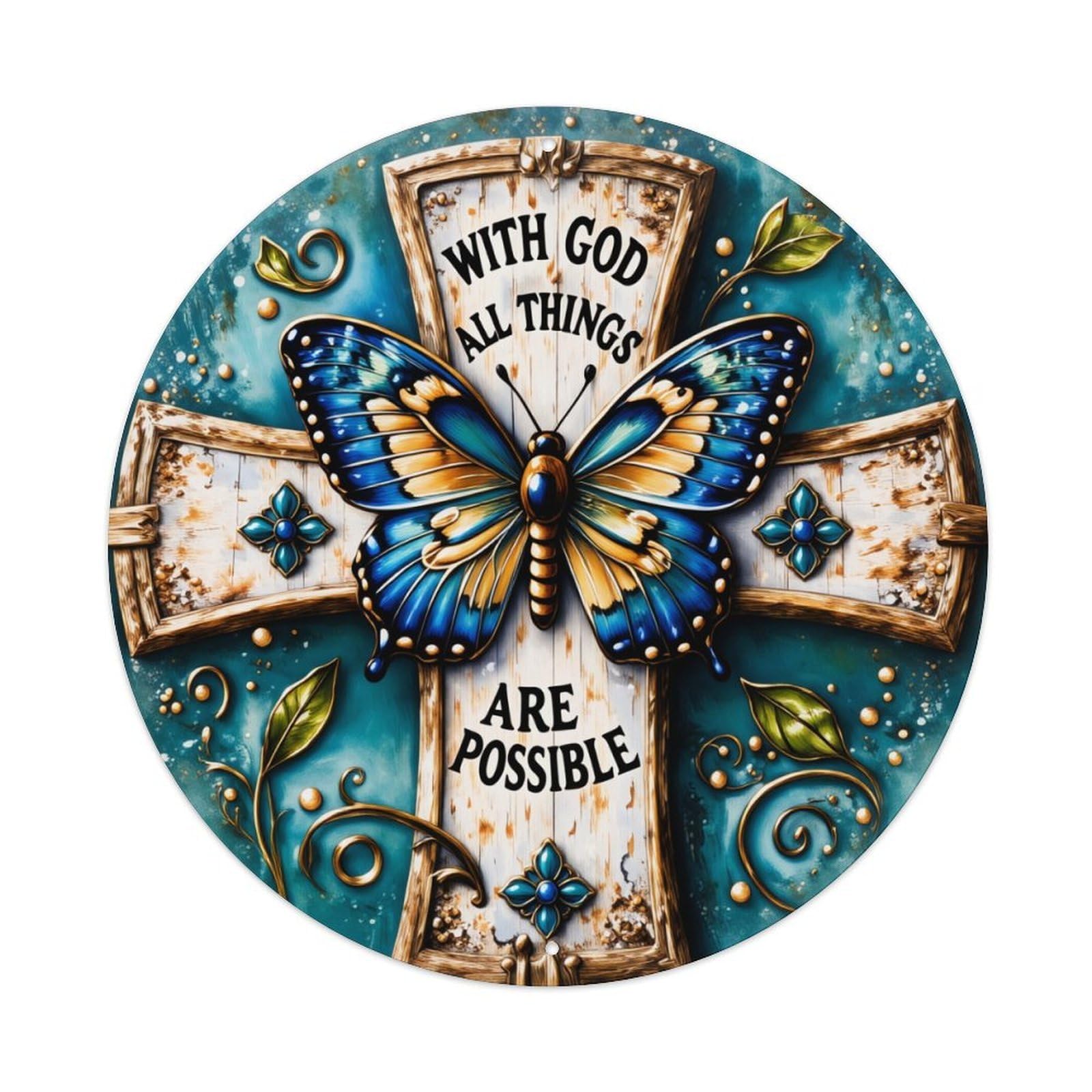 Cross Butterfly Faith Hope Grace Round Tin Sign Vintage Metal Poster, Home Bar Garage Man Cave Cafe Indoor & Outdoor Wall Decoration 8x8Inches