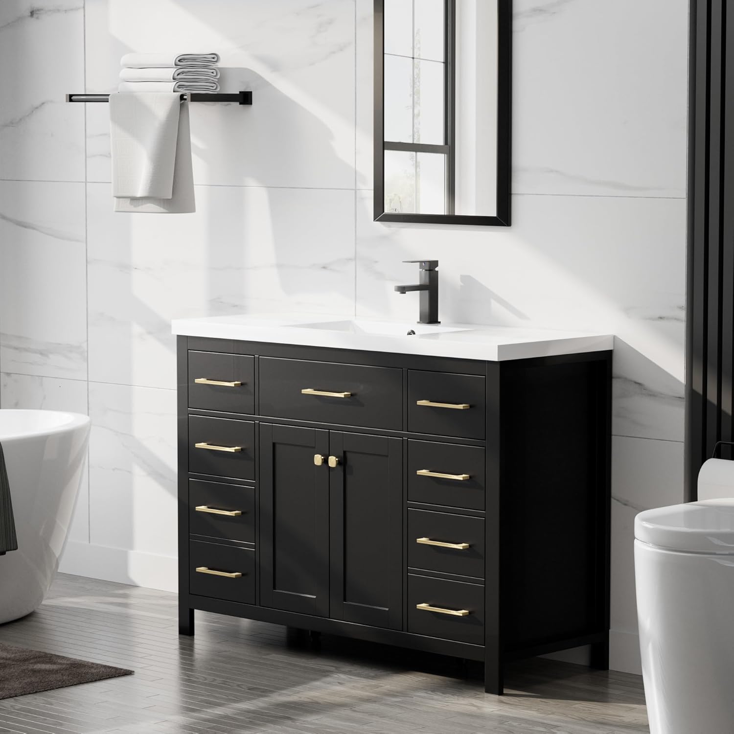 LUCKWIND 48" Modern Bathroom Vanity and Sink, Painted Bathroom Storage Cabinet with Single Resin Sink, Two Doors and Four Drawers, Include Faucet Without Mirror, Black