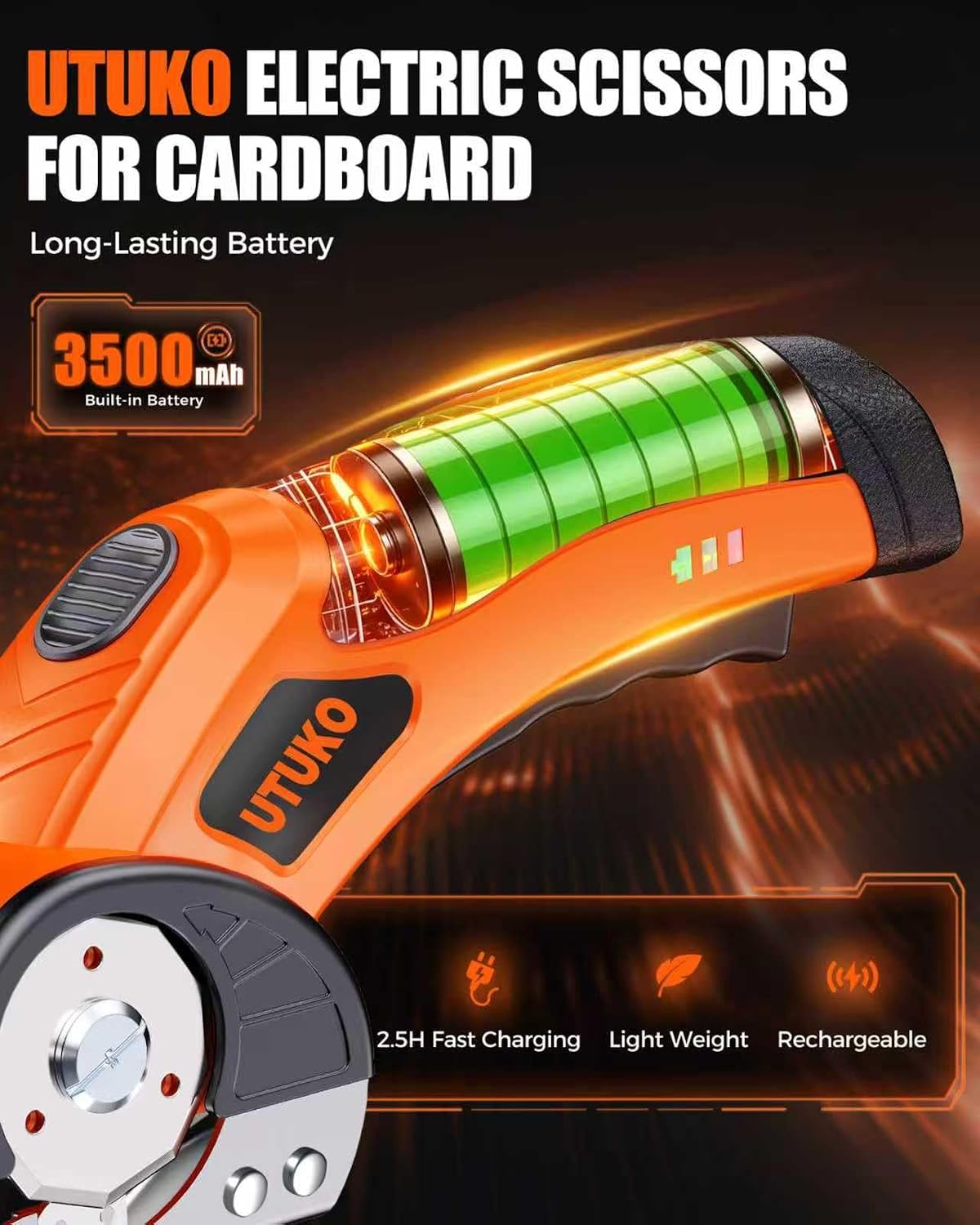 Electric Cardboard Cutter – Upgraded High-Power 800RPM Brushless Motor, 3500mAh Cordless Rechargeable Electric Scissors, Heavy Duty Box Cutter for Cardboard, Carton Mat Cutter Blades orange