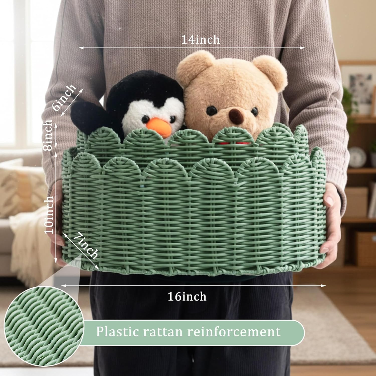 Set of 2 Large Sage Green Scalloped Basket, Woven Wicker, Nursery Room Livingroom Decor, Newborn Baby Gift Basket, Room Organizer, 16 x 10 x 7" & 14 x 8 x 6"