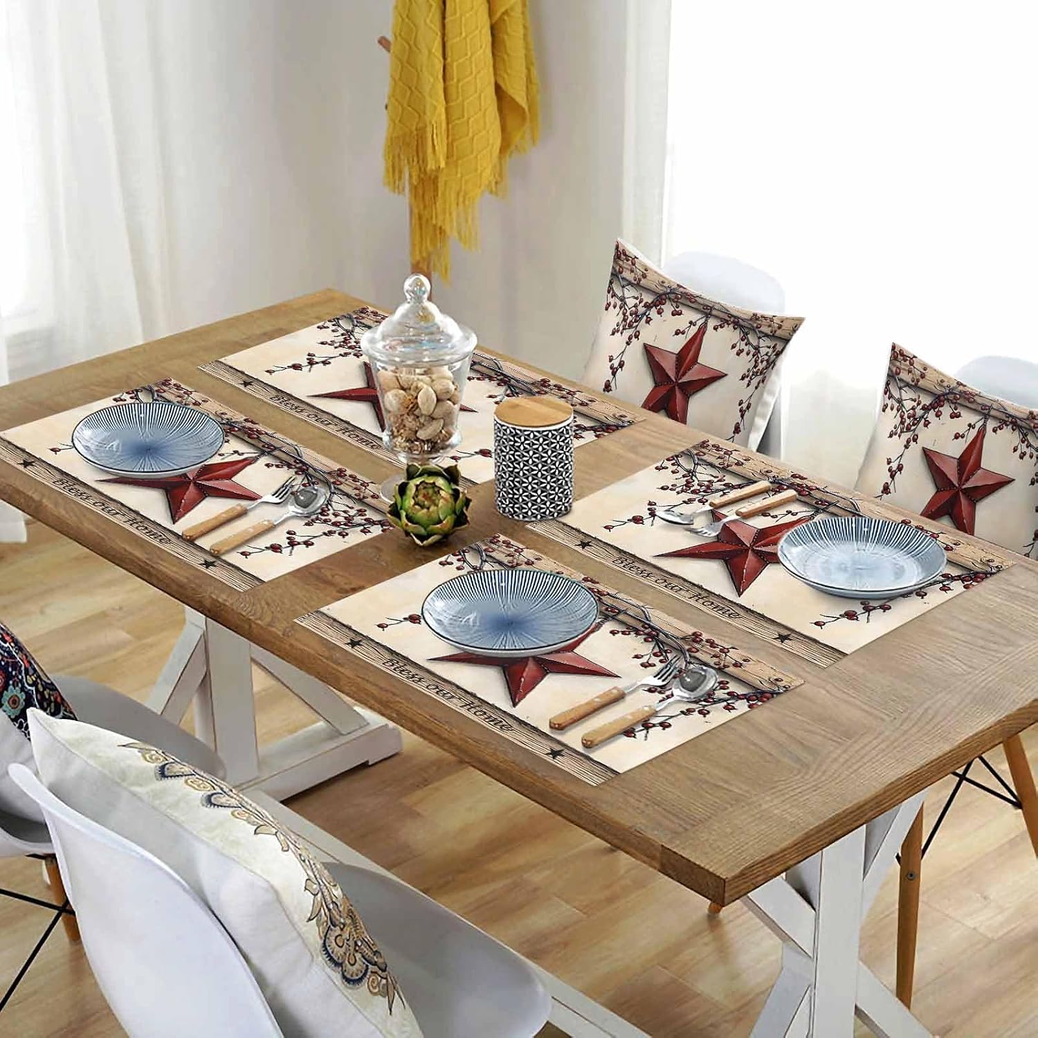 Barn Stars Placemats Set of 6, Primitive Stars Berries Wood Grain Vintage Cotton Linen Table Mats Non-Slip Washable Fourth of July Print Placemat for Holiday Banquet Dining Kitchen Table Decor