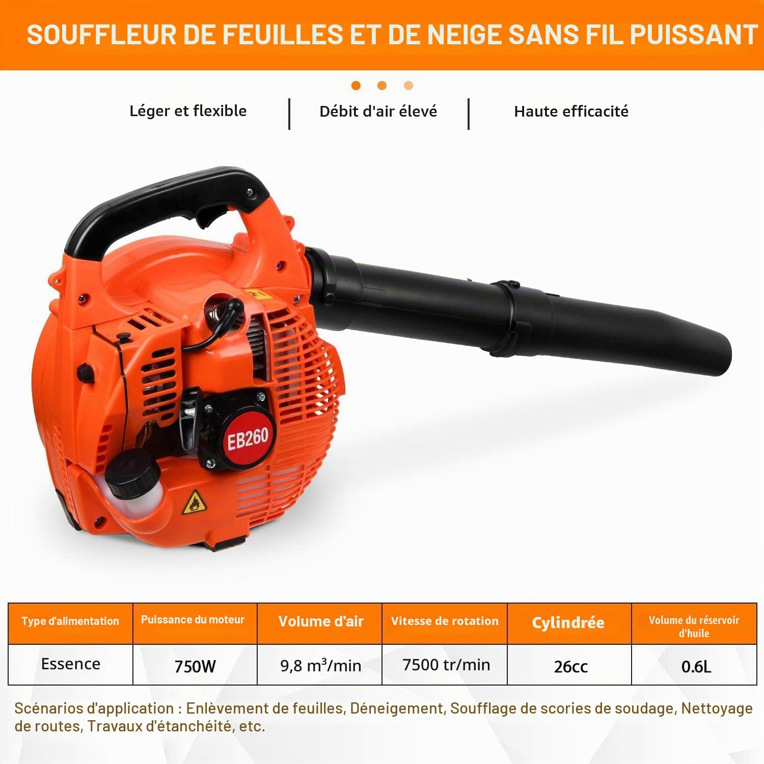 Souffleur De Feuilles à Essence 26cc - Souffleur Thermique, Souffleur De Neige Portatif 2 Temps, Vitesse De Soufflerie 270 Km/H Peut Nettoyer Les Feuilles La Pelouse, PoussièRe, Neige, Orange