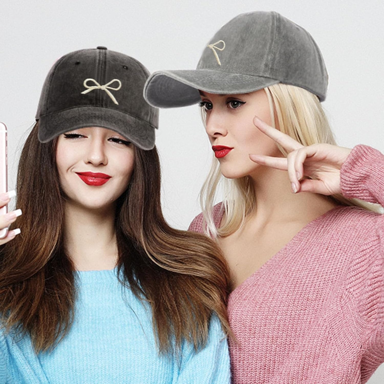 2 Pack Bow Baseball Caps for Women Men, Cute Adjustable Washed Sun Hats for Outdoor Running Golf Black - Image 6