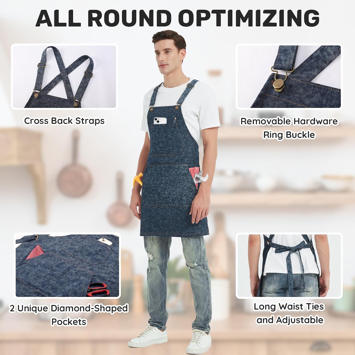 Cotton Denim Apron for Men Women, Cross Back Chef Apron with Large Pockets Removable Straps for Kitchen Cooking Gardening BBQ Hair Stylist Barista, Heavy Duty Jean Work Apron Adjustable Size - Image 6