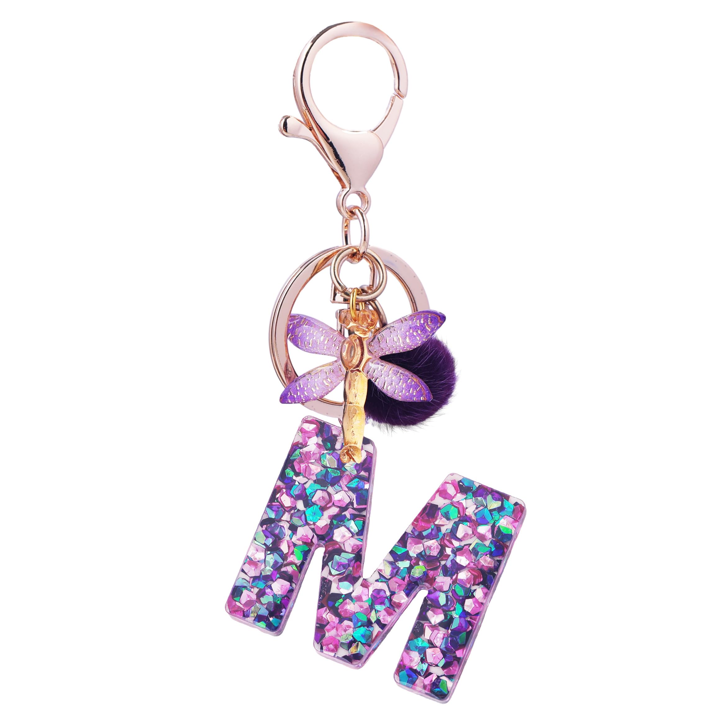 SELOVOWomen Girls Capital Initial Purple Dragonfly Keychain Letter Alphabet Keyring