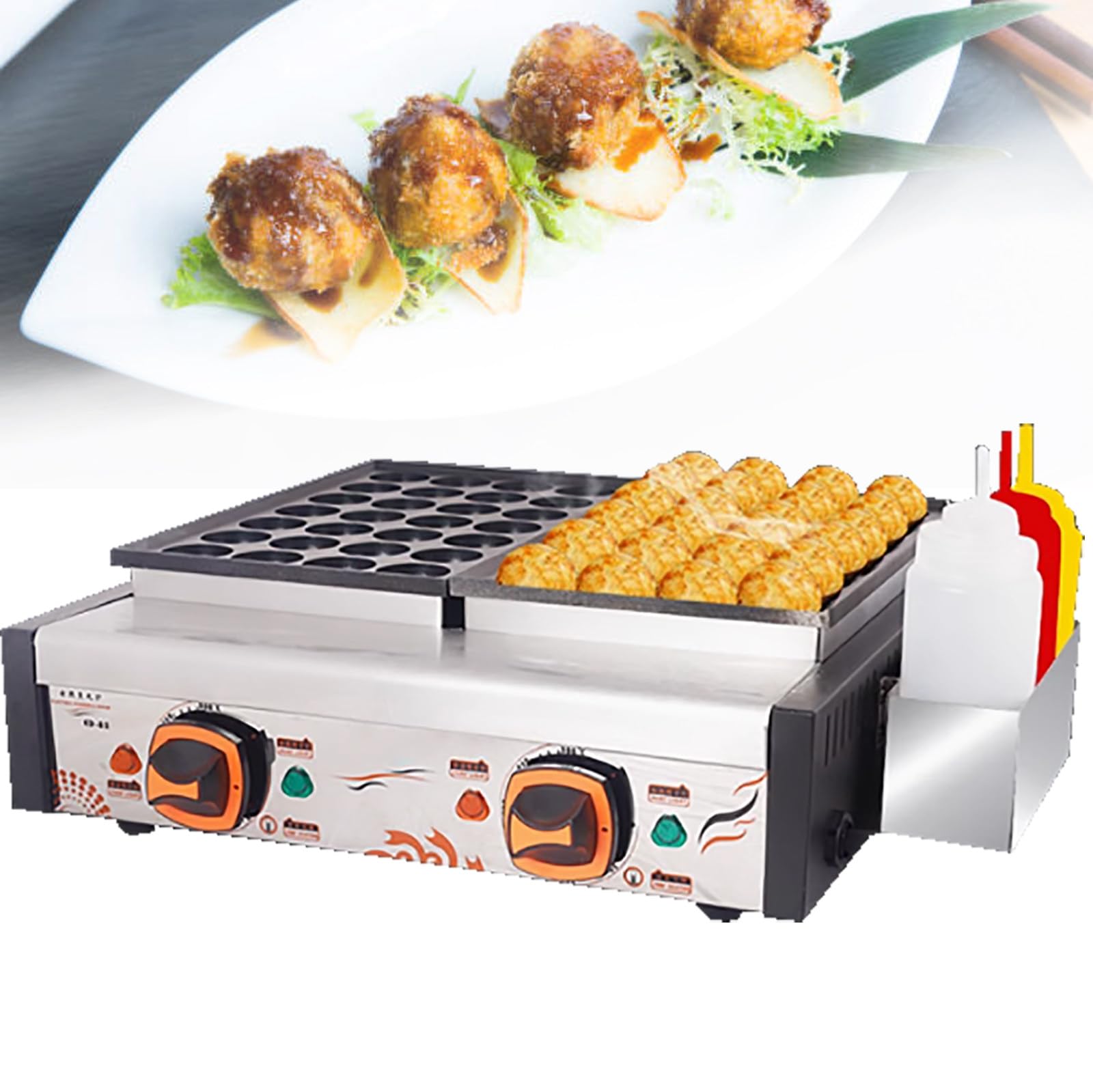 Takoyaki elettrico con controllo della temperatura e 56 fori, riscaldamento bifacciale per cibo da strada e uso domestico