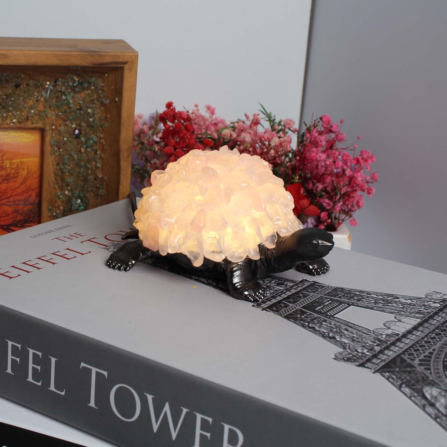 Handcrafted Rose Quartz Crystal Tortoise Lamp - 3 Color Modes LED Crystal Animal Night Light with Bronze Base, Spiritual Healing Stone Turtle Decor & Gifts for Crystal Lovers