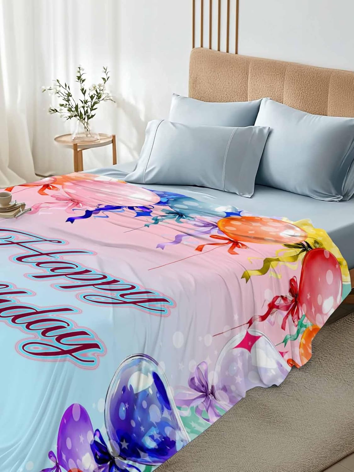 Top Sheet Full Bedding Flat Sheet Only, Happy Birthdays Words Microfiber Bed Sheets Soft Breathable Bedding Flat Sheets, Red Blue Purple Balloons Hotel Luxury Top Sheets