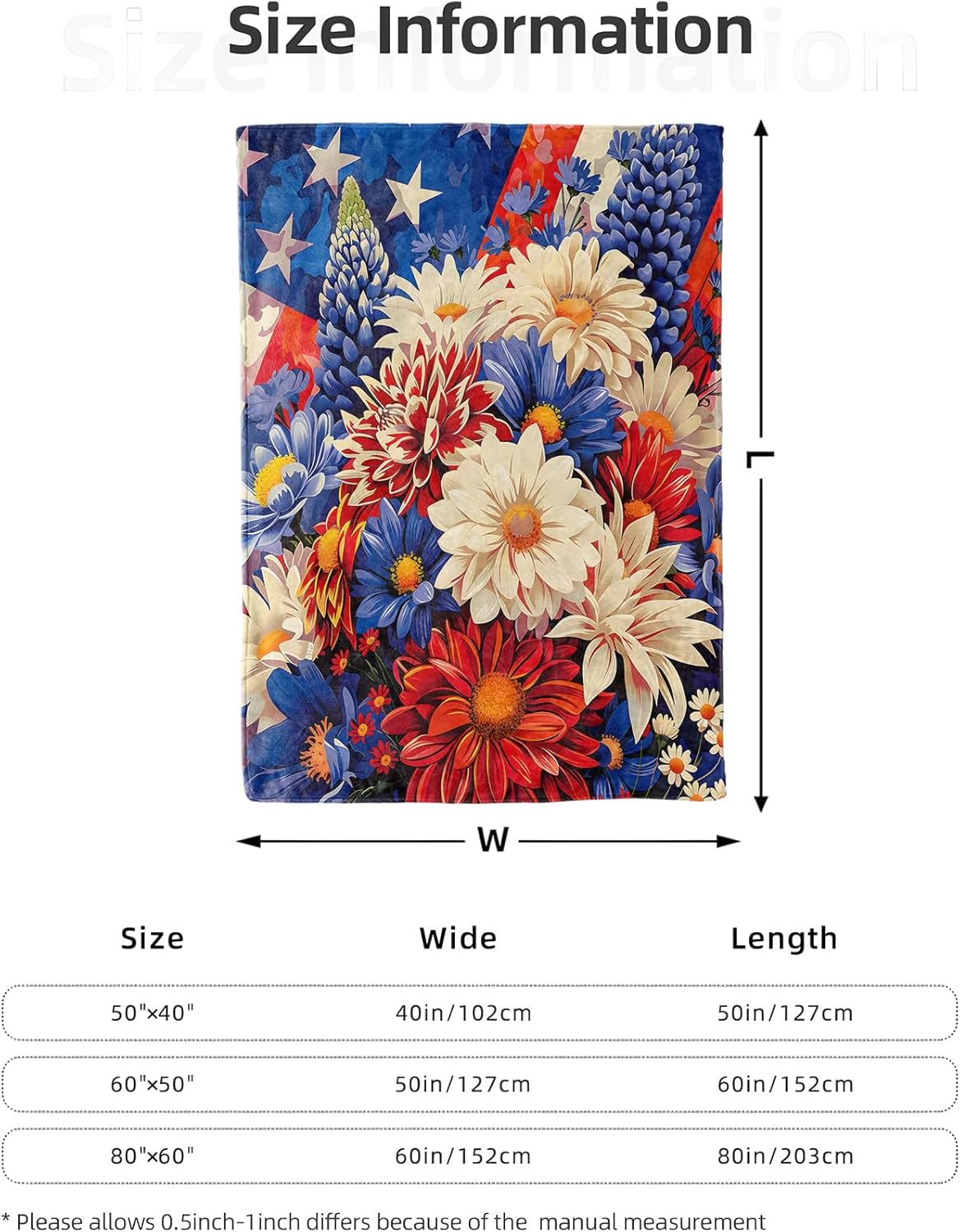 Patriotic Flower Blanket for Home Decor, Floral Bouquet and American Flag Design, Men Veterans Gifts, 50"x60", Soft Fleece, Lightweight and Breathable, Ideal for Couch Office Living Room Dorm