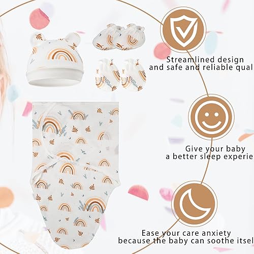 Miniatura 2 de XLSXEXCL Paquete de 4 mantas para envolver a bebés prematuros, manta de bebé de arco iris, ajustable, saco de dormir con gorros, guantes y