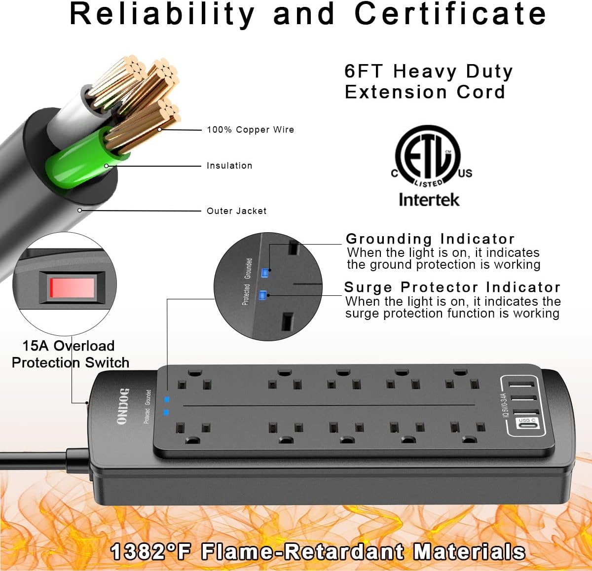 Power Strip Surge Protector - 6 Ft Extension Cord with 10 Outlets and 4 USB Ports for for Home, Office, Dorm Essentials, 2700 Joules, ETL Listed (Black)