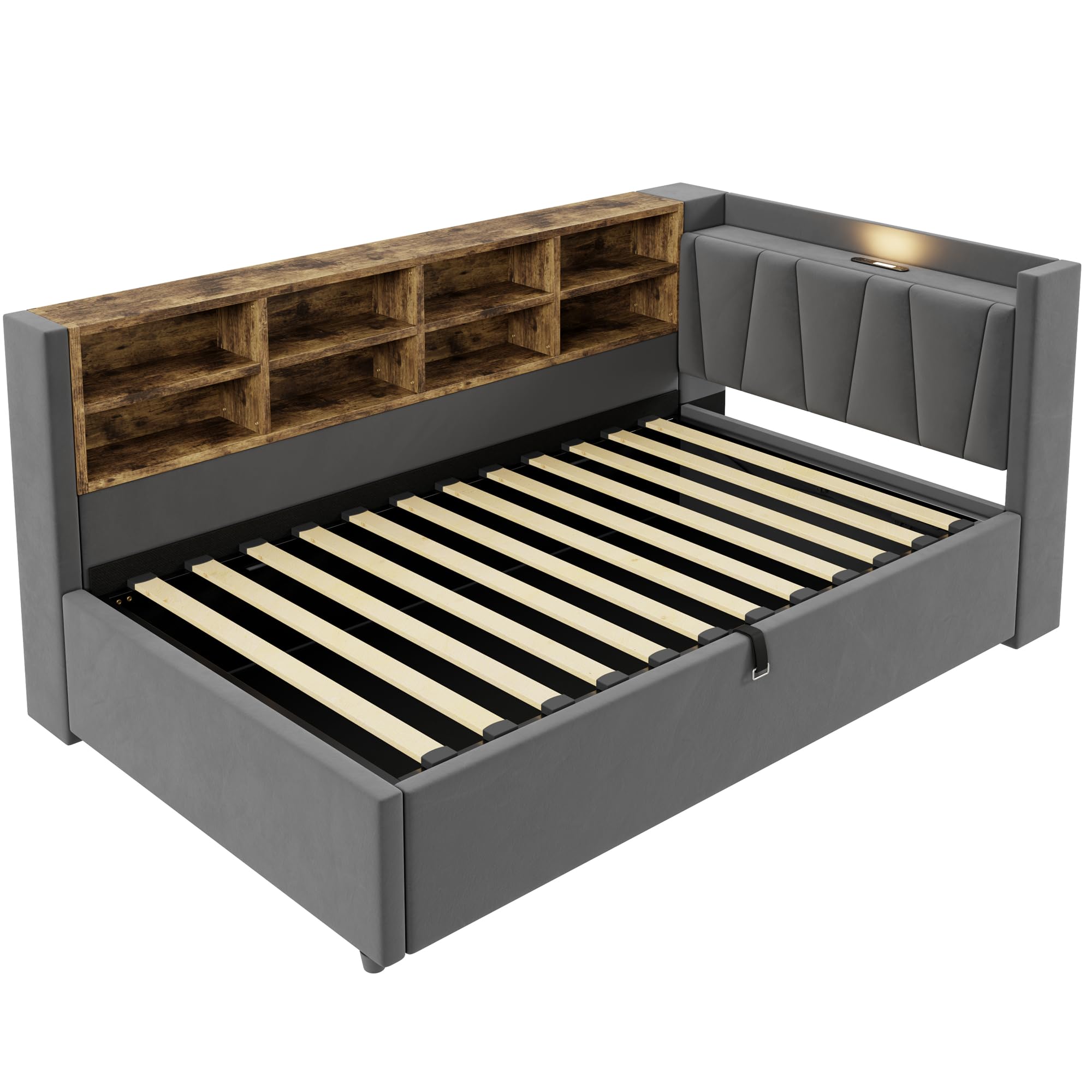 Letto imbottito, 90 x 200 cm, divano letto, con vano contenitore idraulico, con luce notturna, porta di ricarica USB e Type-C, con ripiani e scomparti, testiera imbottita, letto multifunzione (grigio