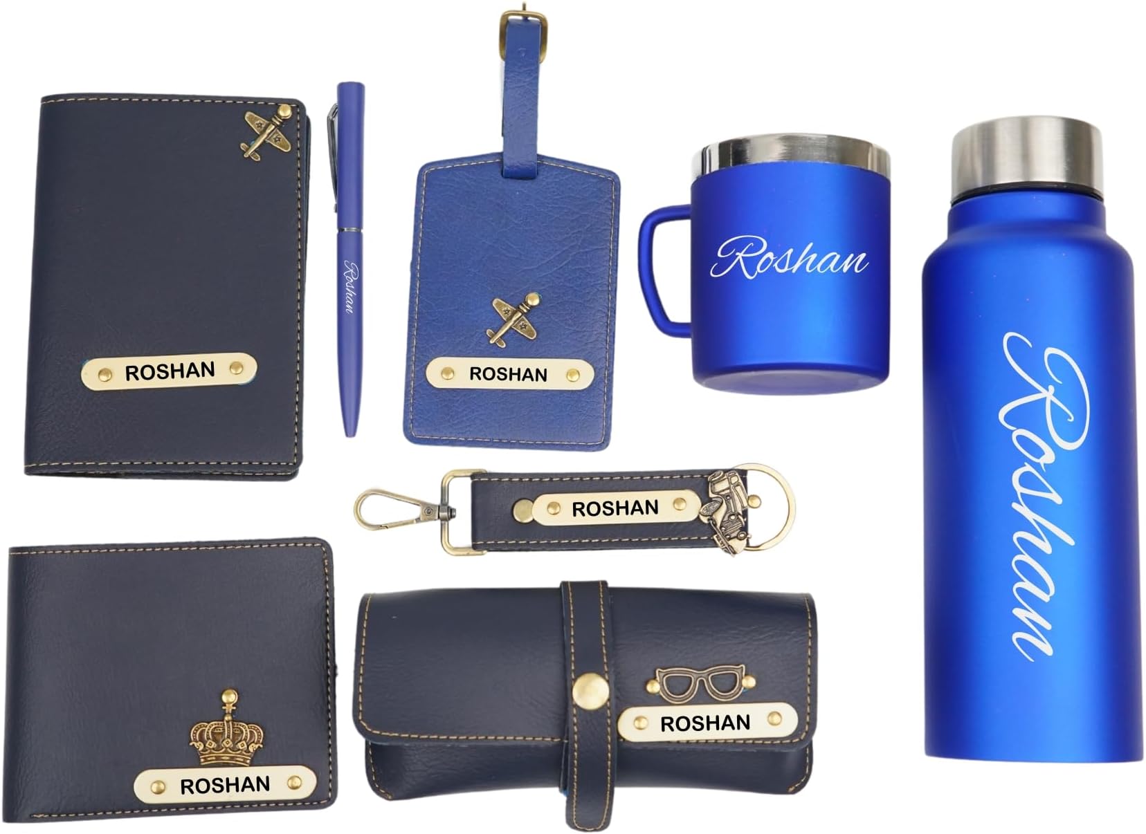 Personalised All in One Gift Combo for Men’s with Name & Charm, Leather Men Wallet, Passport Cover, Water Bottle, Keychain, Customised Pen | Personalised Gifts for Men - (Blue)
