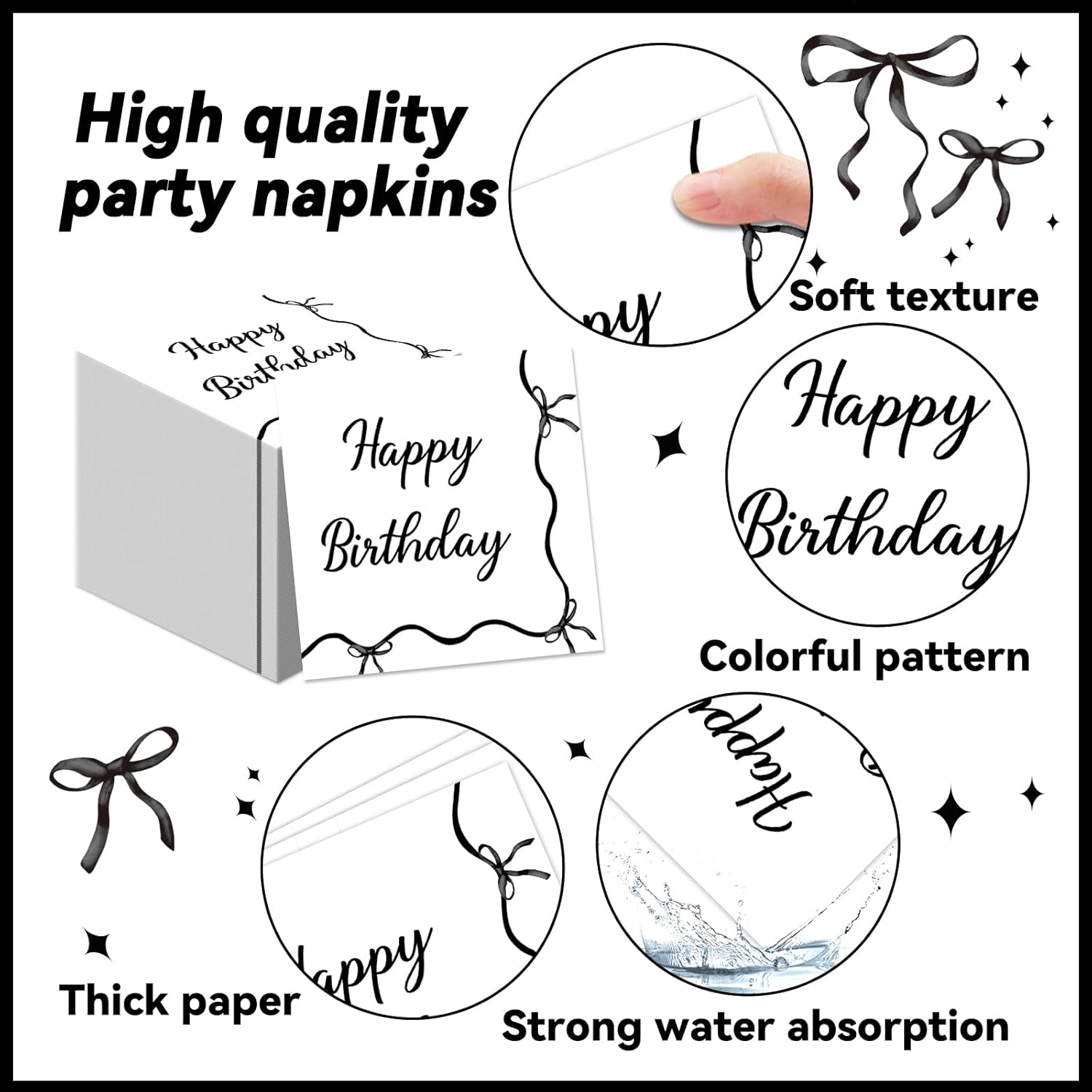 96Pcs Black Bow Party Supplies Girl Birthday Parties Paper Plates Napkins Bowknot Themed Happy Birthday Tableware Dinnerware for Bachelorette Engagement Baby Bridal Shower Decor Serves 24