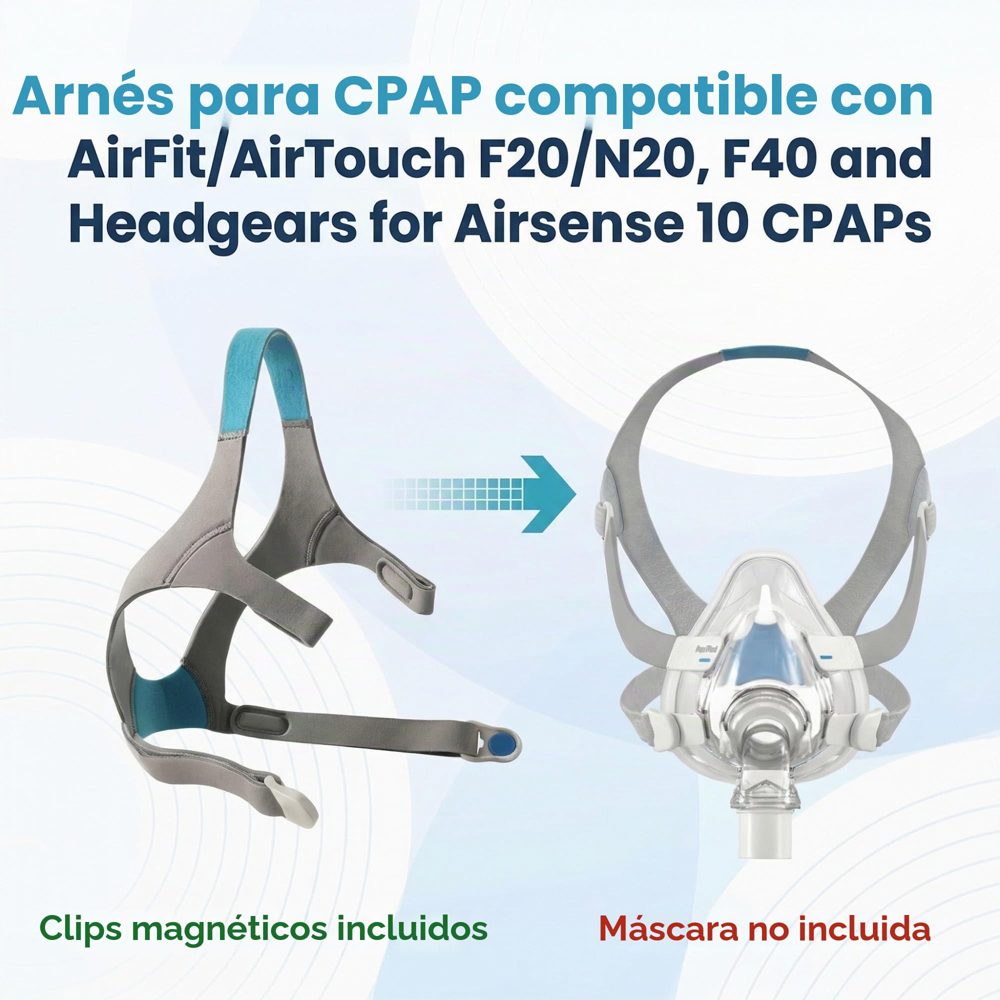 Correa de arnés de CPAP compatible con la máscara de CPAP Airfit F20 de Resmed -Reemplazo de la correa para AirFit F20 de ResMed -Correa de arnés de CPAP (máscara, clips no incluidos)