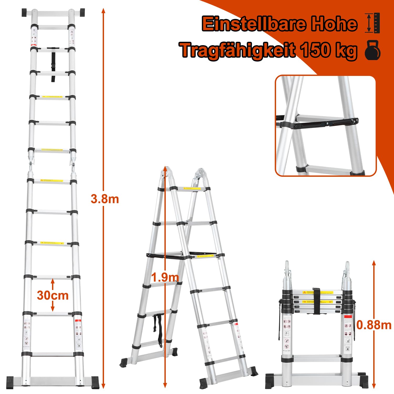 Lospitch 3,8 m hoogwaardige aluminium telescopische ladder, flexibele antislip vouwladder, multifunctionele ladder, maximaal draagvermogen 150 kg