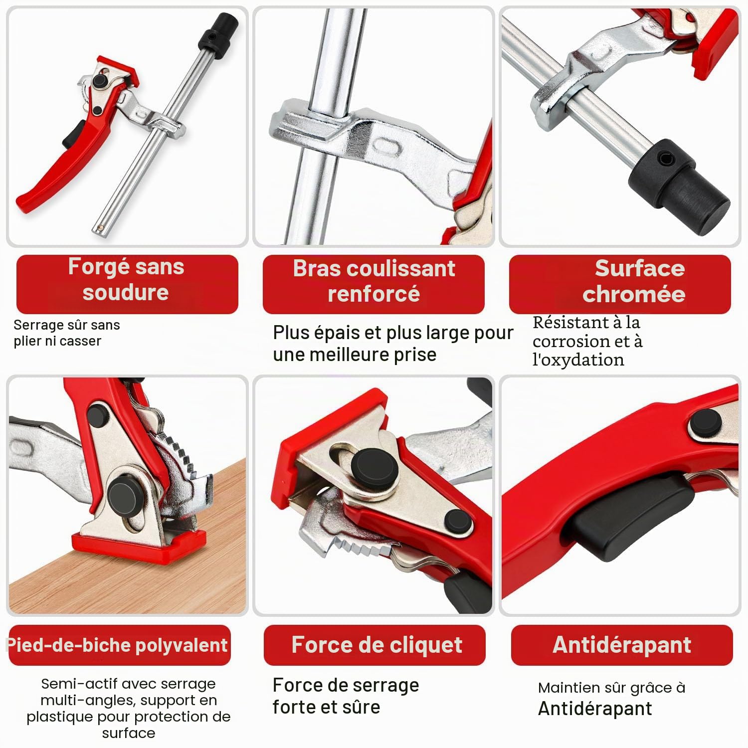 Lot de crochets de banc de 20 mm, 2 pinces à levier à dégagement rapide, 4 supports antidérapants, serre-joints de table en acier au chrome vanadium pour table MFT et établi, travail de bois précis et