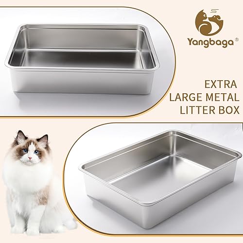 Miniatura 9 de Yangbaga Caja de arena de acero inoxidable para gatos y conejos, bandeja de arena para control de olores, antiadherente, fácil de limpiar, a prueba