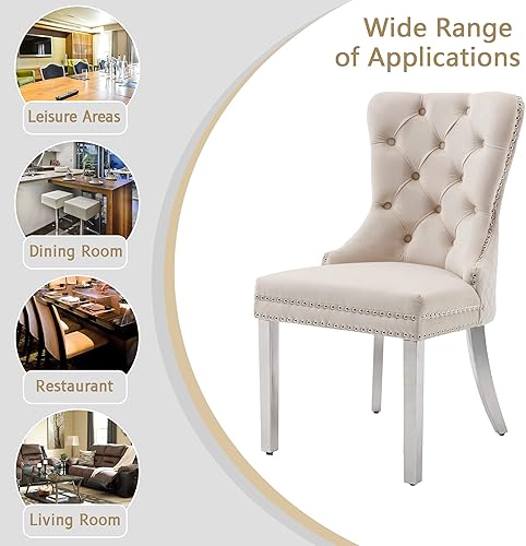 Miniatura 7 de KCC Juego de 2 sillas de comedor tapizadas de terciopelo, modernas sillas capitoné con botones con anillo de cabeza de león y patas de acero