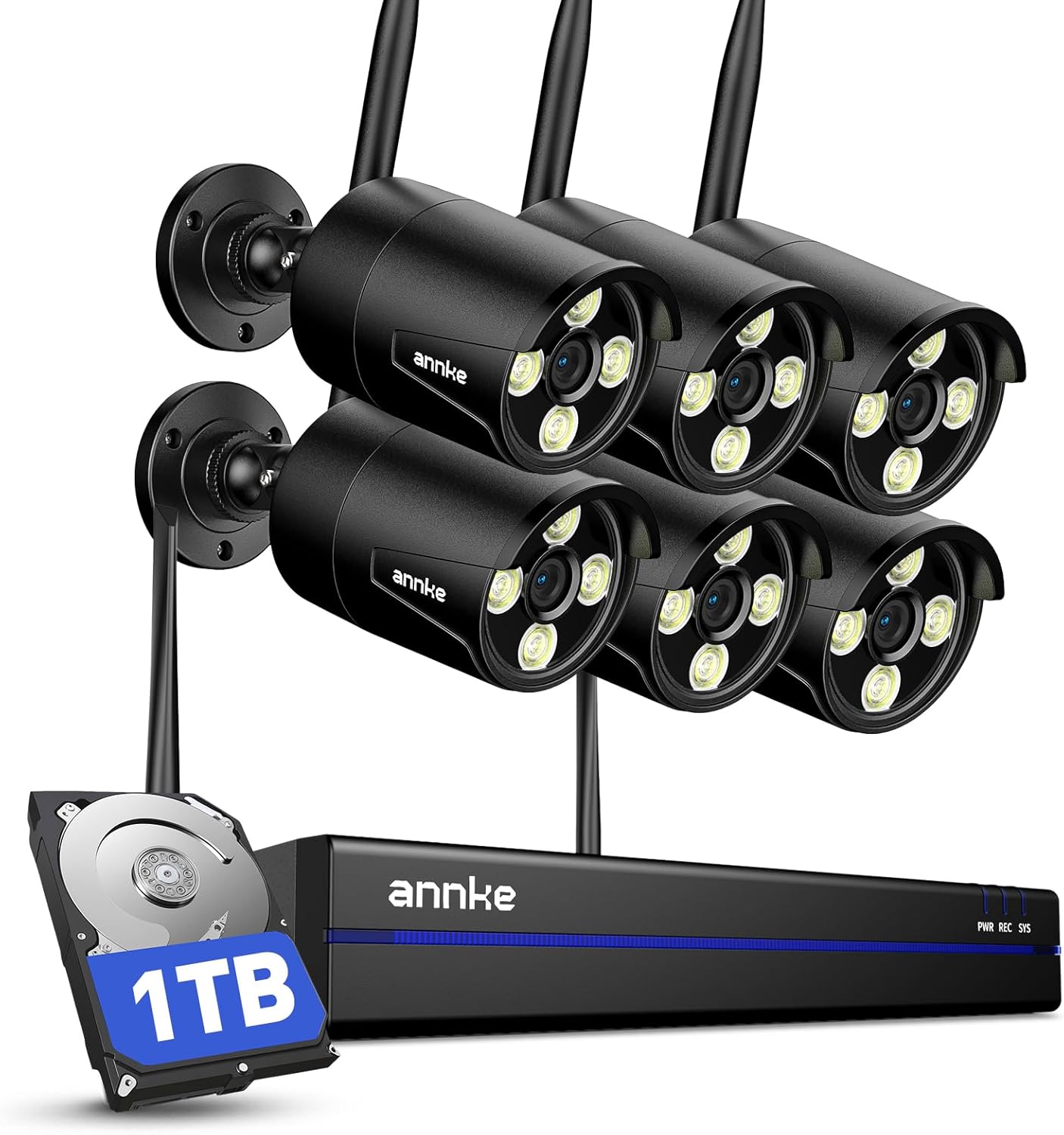ANNKE Wireless Security Camera System-16CH Expandable 4K Security NVR, 6Pcs 2K Outdoor Cameras, 2-Way Voice, Motion Alert, Weatherproof, Mobile App-Controlled for Indoor/Outdoor Use, 1TB