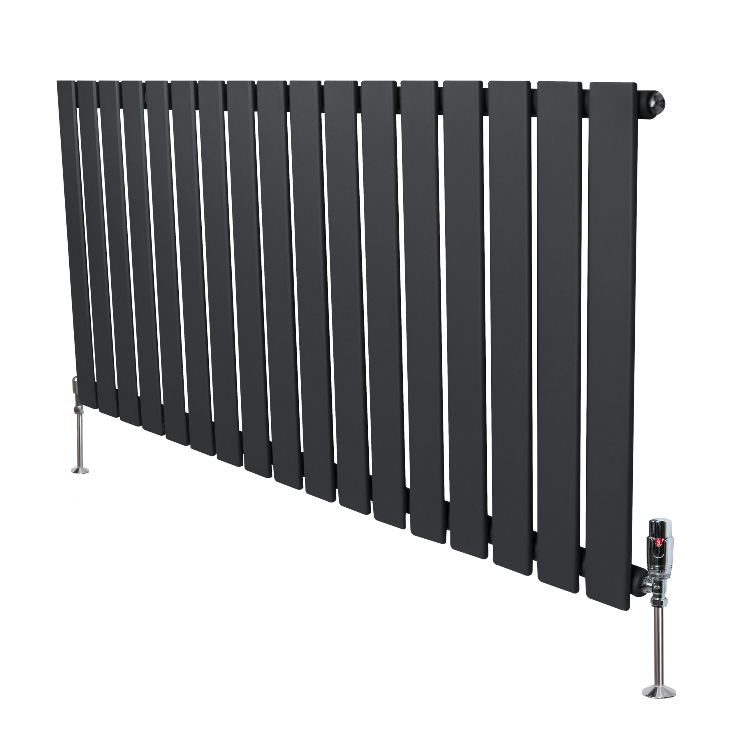 Flat Single Column Radiator 600mm x 1190mm & TRV Chrome Valves Modern Designer Single Panel Central Heating Heater Anthracite Grey Carbon Steel Horizontal FREE Cleaning Brush Fixing Kit & Brackets