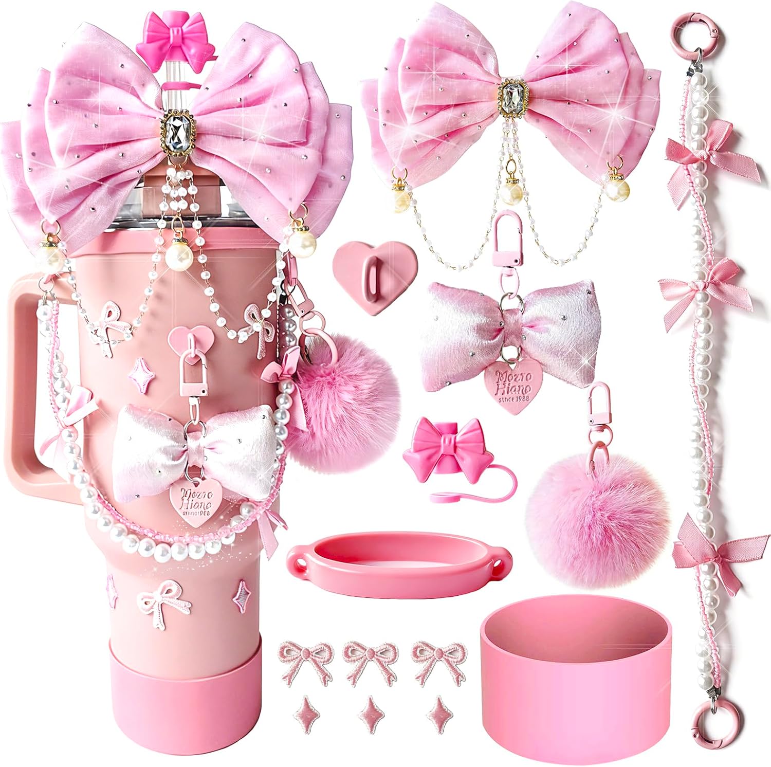 Stanley Cup Accessories Set,14-Piece Silicone Bundle for 30oz & 40oz Cups,Silicone Ring,Straw Covers,3 Decorative Charms,Water Bottle Handle Strap