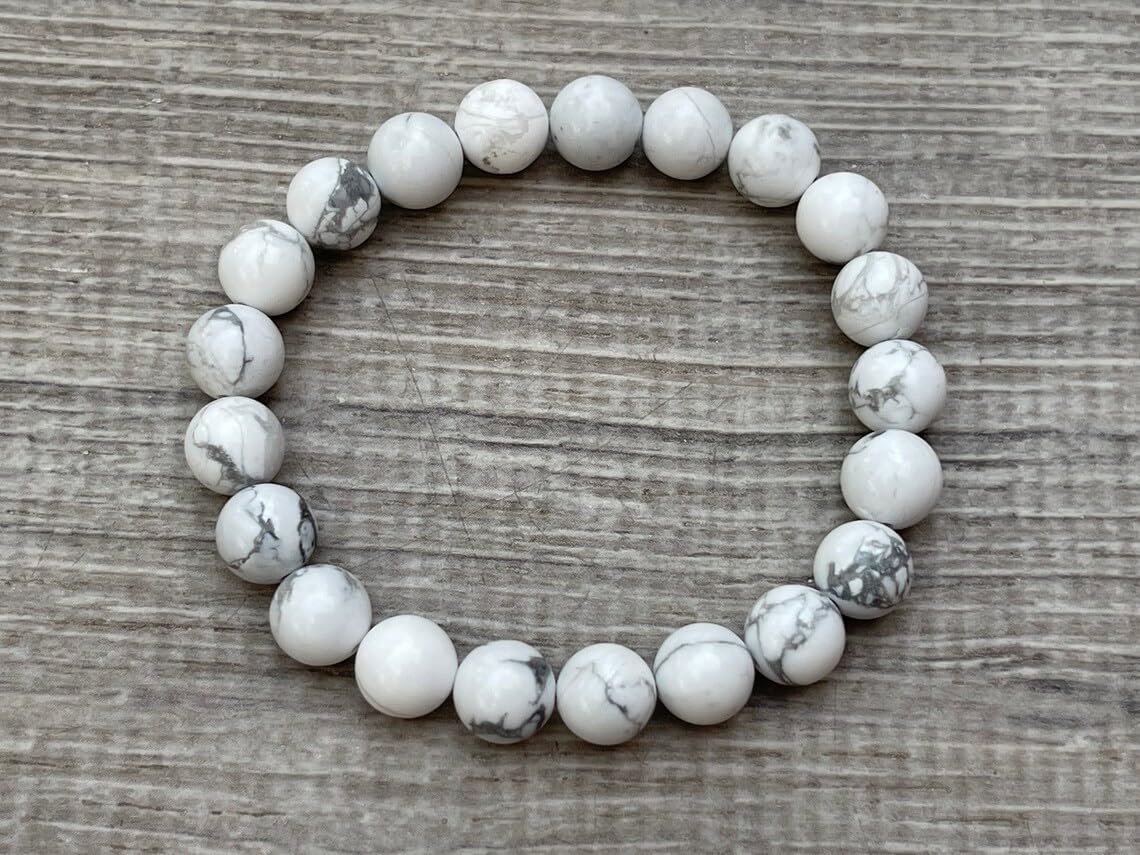 Howlite - Braccialetto in stile bohémien, con pietre semipreziose naturali, 10 mm, con perline rotonde lisce da 10 mm, braccialetto elastico per meditazione spirituale, regolabile, unisex, 17,8 cm,