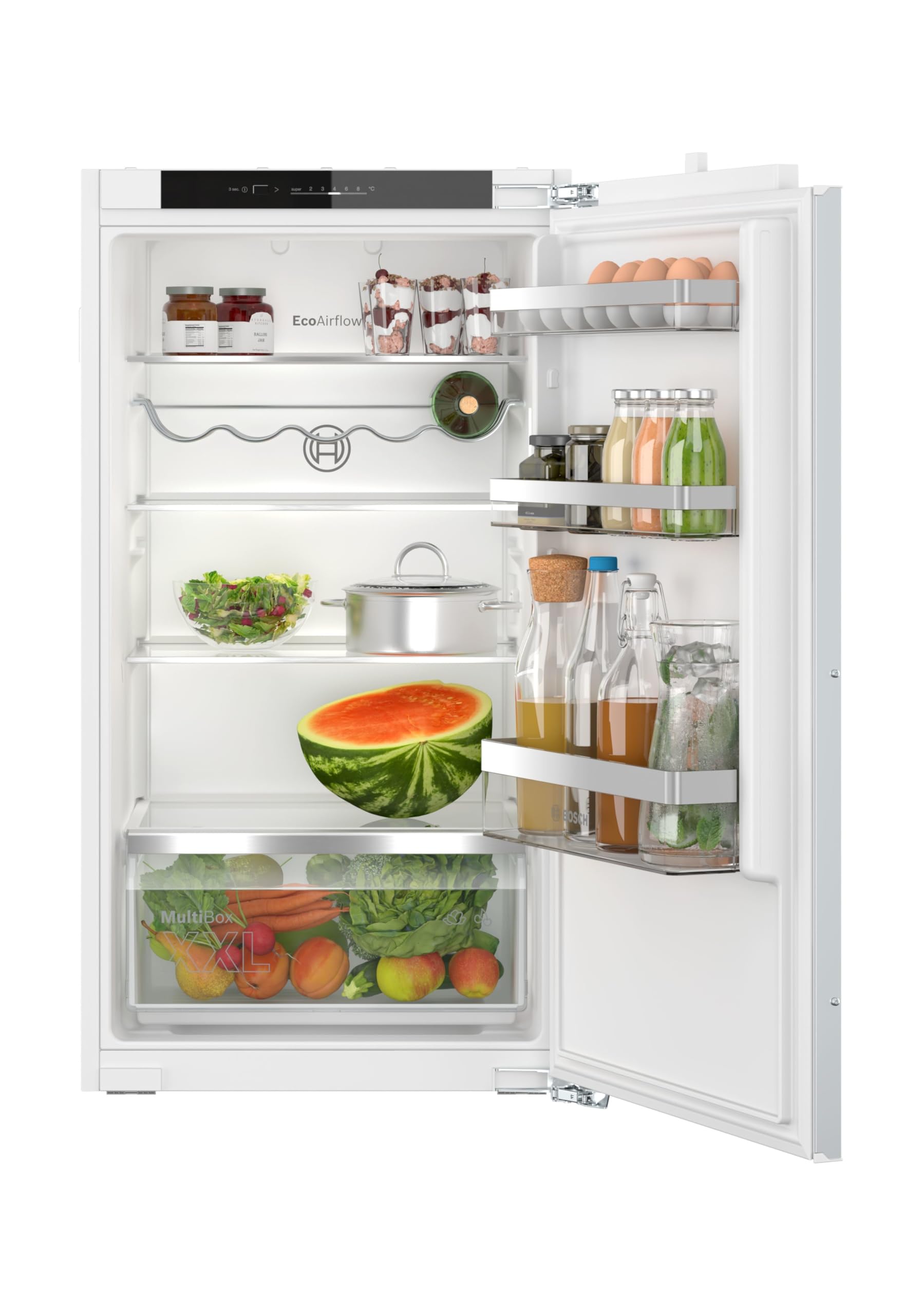 Bosch KIR31VFE0 Einbau-Kühlschrank Serie 4, integrierbarer Kühlautomat ohne Gefrierfach 102x56 cm, 165L Kühlen, Flachscharnier, MultiBox XXL, LED-Beleuchtung, EcoAirflow, SuperCooling