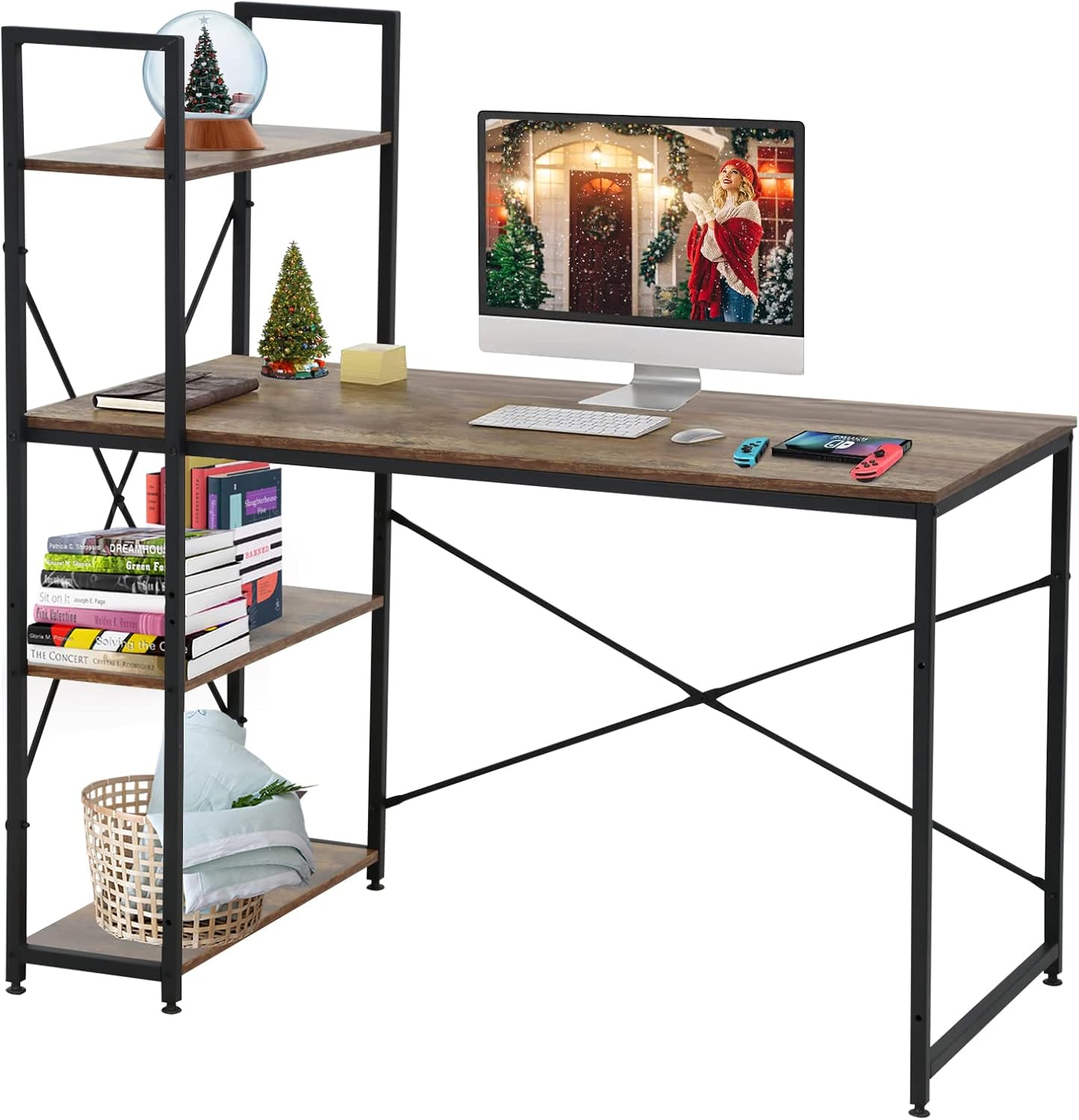 YYkokocat Computer Gaming Desk with Adjustable Bookshelf