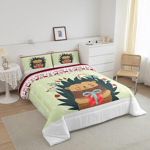 Miniatura 2 de Lindo juego de edredón de erizo de dibujos animados, ropa de cama con temática de Navidad, tamaño matrimonial, juegos de edredón de feliz año nuevo,