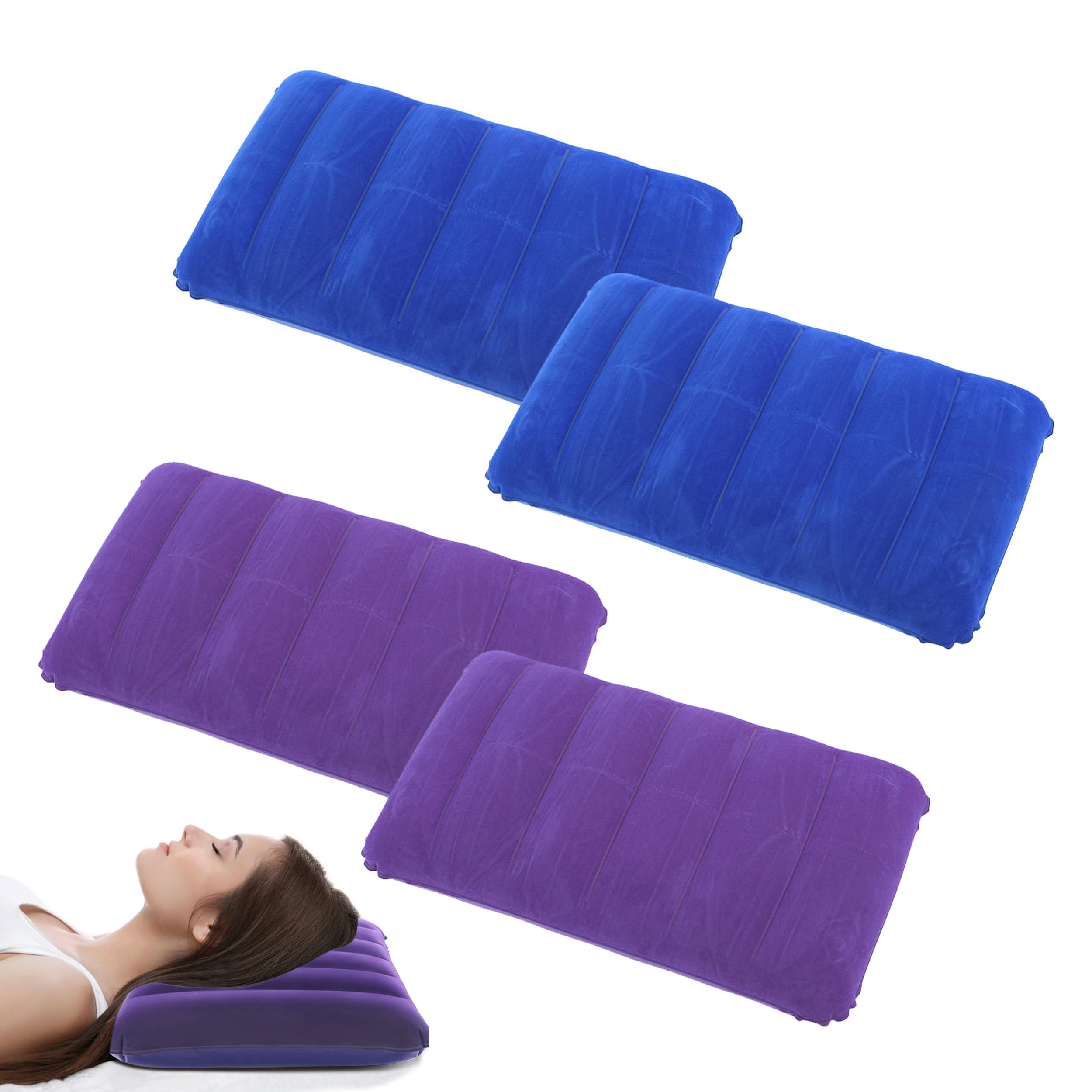 Pack of 4 Inflatable Velour Cushion, Air Cushion Pillow, Comfortable Travel Pillow, Camping Pillow, Neck Pillow, Beach Pillow, Inflatable Beach Pillow for Outdoor Travel, Hiking, Office