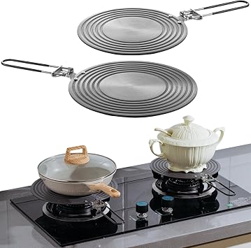 Tujoe 2 Pcs Simmer Plate for Gas Stove 11 Inches and 9.5 Inches Fast Defrosting Tray Round Stove Diffuser Heat Conduction Plate with Anti Scalding Handle for Electric Pot Cookware Protection