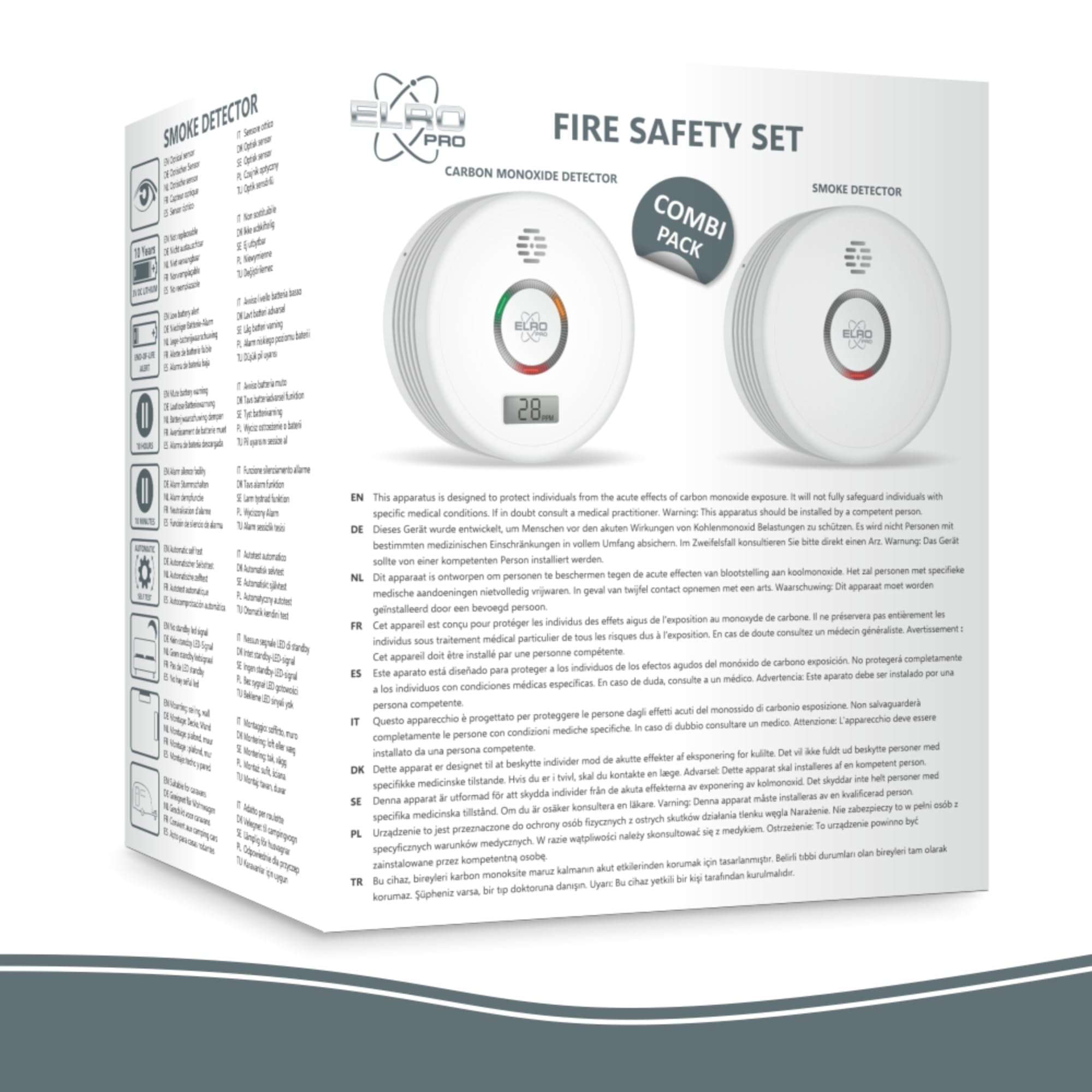 ELRO FF4910 Pro Kit Anti-Incendie - Détecteur de fumée & détecteur de monoxyde de Carbone avec Pile de 10 Ans - Conforme à la Norme européenne EN14604 et EN50291 2 pcs