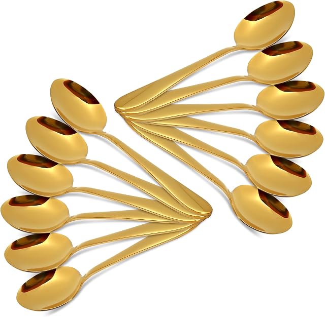 CAMRI Gold Dinner Spoons  Stainless Steel Set of 12 Table Spoons , 18.7 cm / 7.36 in , Golden Dessert Spoons Cutlery Set for Home & Restaurants , Dishwasher Safe (Pack of 12-C61 G)