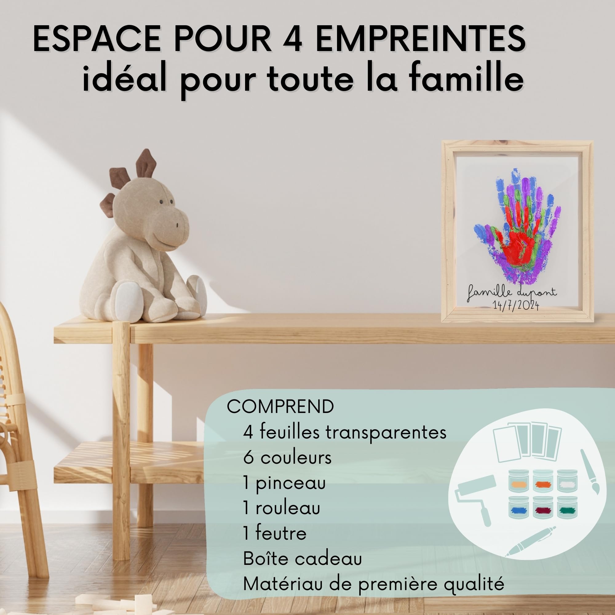 HuBorns - Cadre Empreinte Main Famille et Empreinte Main Pied Bebe avec Espace pour 4 Empreintes, Kit Empreinte Bebe pour Peindre les Mains de Toute la Famille, Cadeau Bebe Naissance