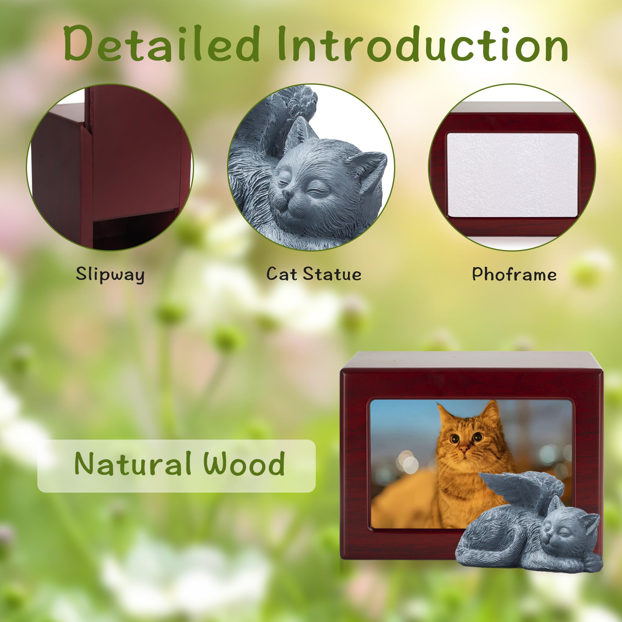 DiDiBirDi Cat Urn for Ashes, Wooden Keepsake for Ashes with Photo Frame, Cherry Red Cremation Box with Resin Statue and Sealed Storage Bags (60lbs)