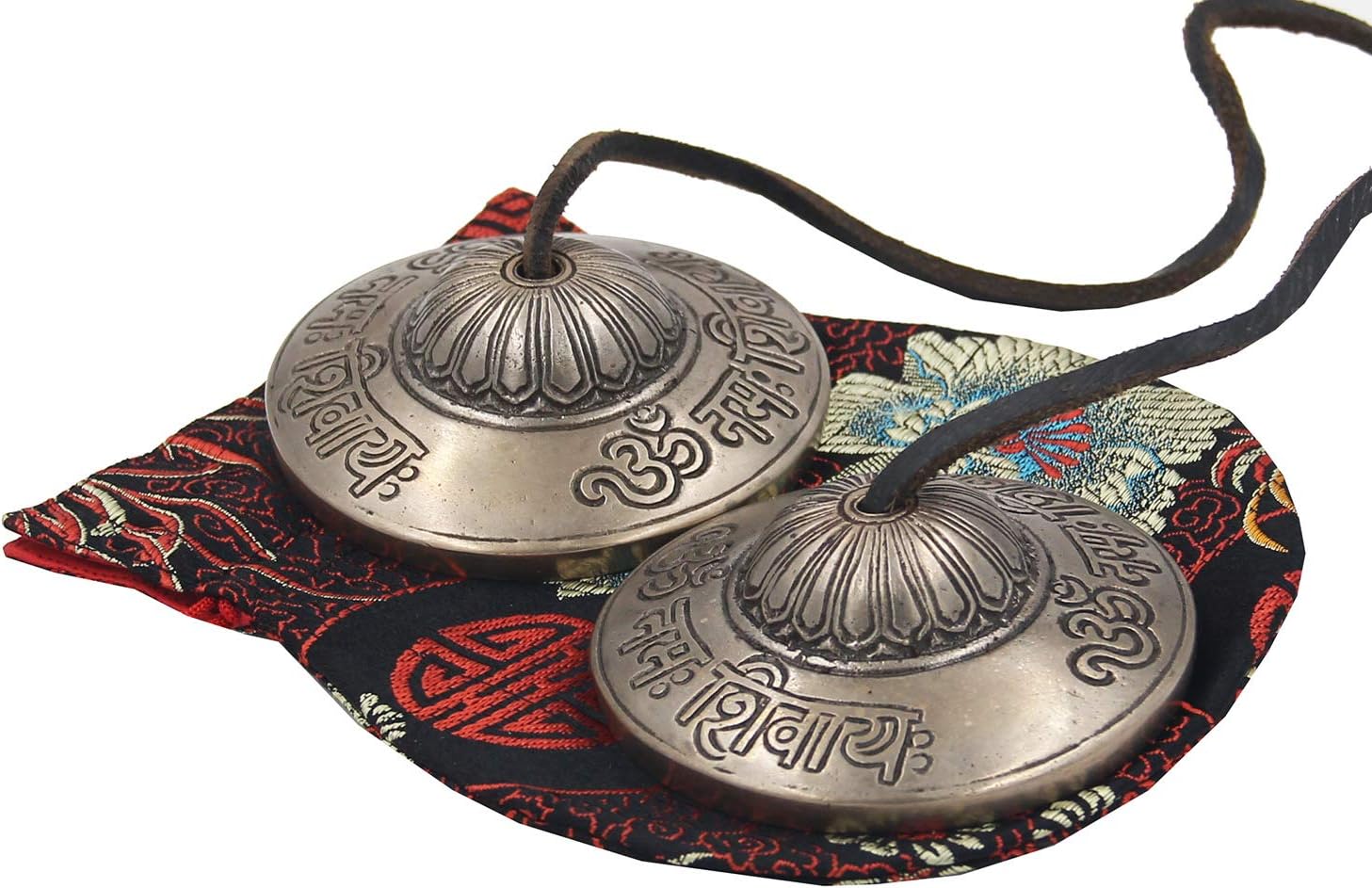 DharmaObjects Large Tibetan Premium Quality "Om Namah Shivaya" Tingsha Cymbals 3" With Pouch