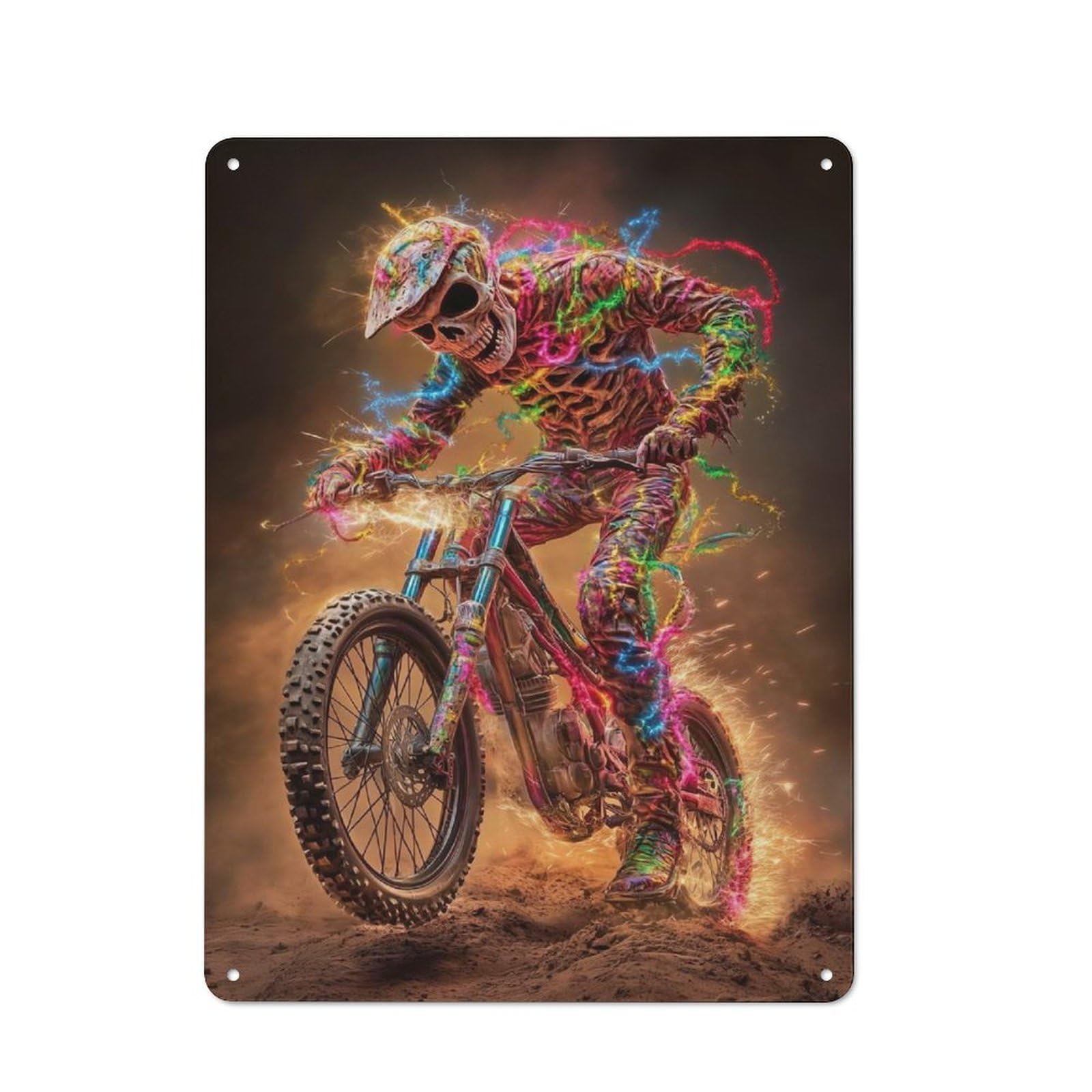Tin Wall Plaque 40x30cm with Skeleton Motocross Rider for Café Or Restaurant, Housewarming Present for People Styling Café And Restaurant