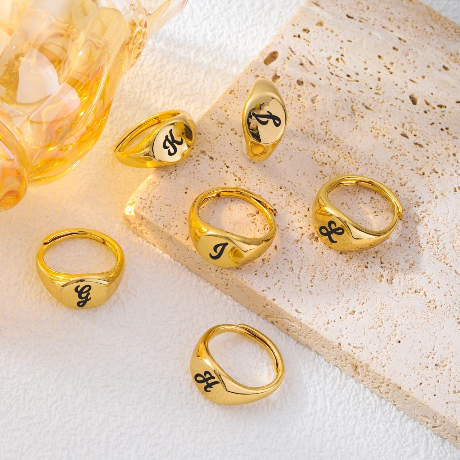 Initial Ring 14K Gold Plated Initial Rings for Women Chunky Gold Rings Adjustable Letter Ring Stackable Signet Chunky Rings Alphabet Letter Rings - Image 6