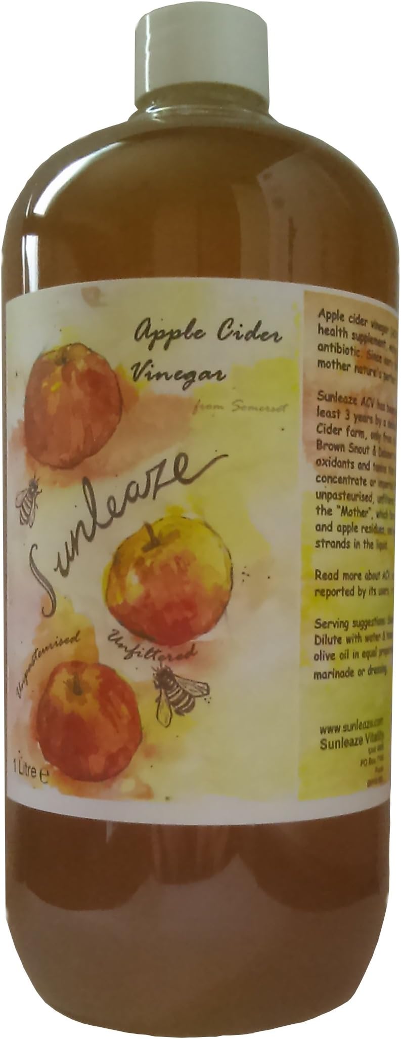 Apple Cider Vinegar, New Glass Bottle, Somerset 3 yr. Matured with Mother, 1 Litre, Unpasteurised, Unfiltered, Raw. Limited Supply, Made on one Somerset Cider Farm from Local unsprayed Cider Apples