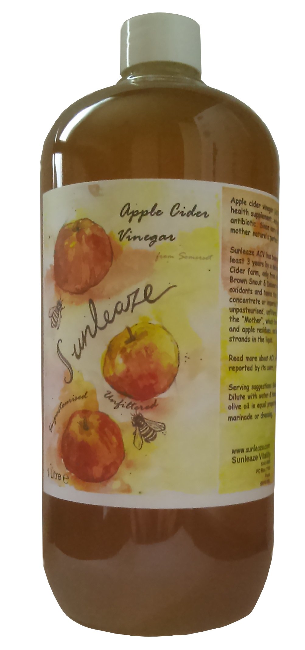 Apple Cider Vinegar, New Glass Bottle, Somerset 3 yr. Matured with Mother, 1 Litre, Unpasteurised, Unfiltered, Raw. Limited Supply, Made on one Somerset Cider Farm from Local unsprayed Cider Apples