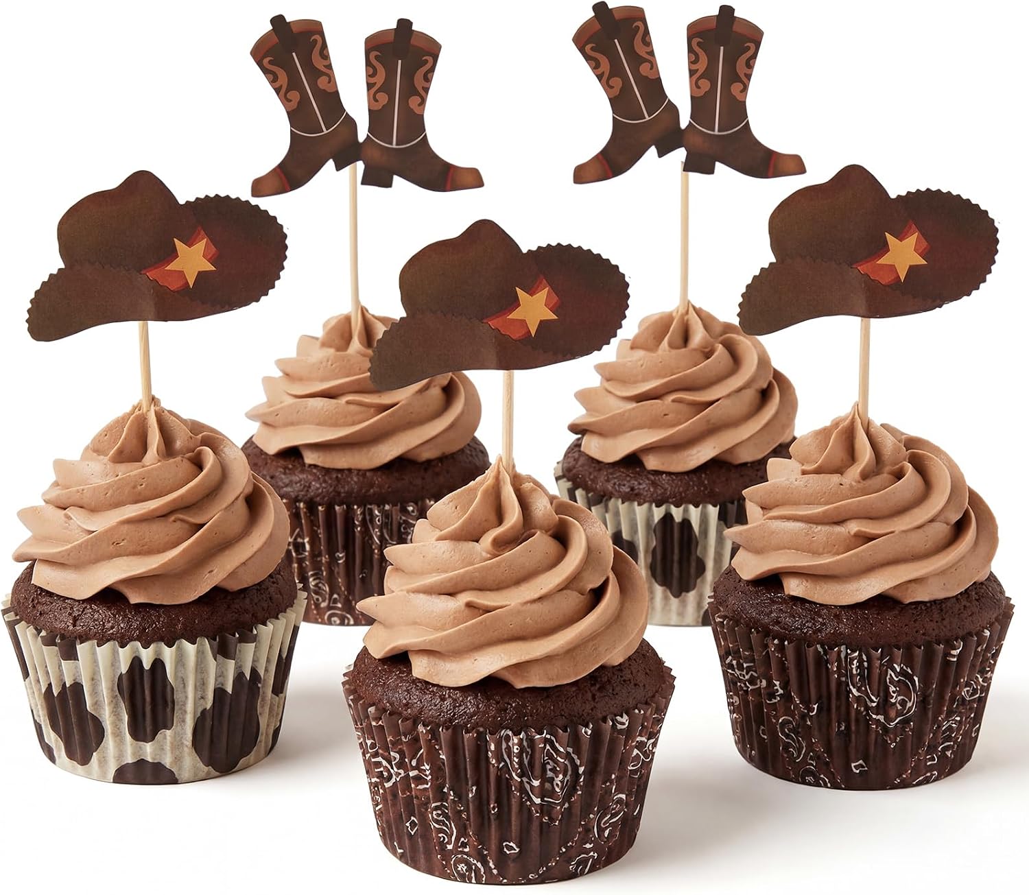 60 Pieces Cowboy or Cowgirl Hat and Boot Cupcake Toppers Western Birthday Cake Decorations Rodeo Cupcake Picks Baby Shower Toothpicks for Western Theme Party Favors Supplies (Brown)