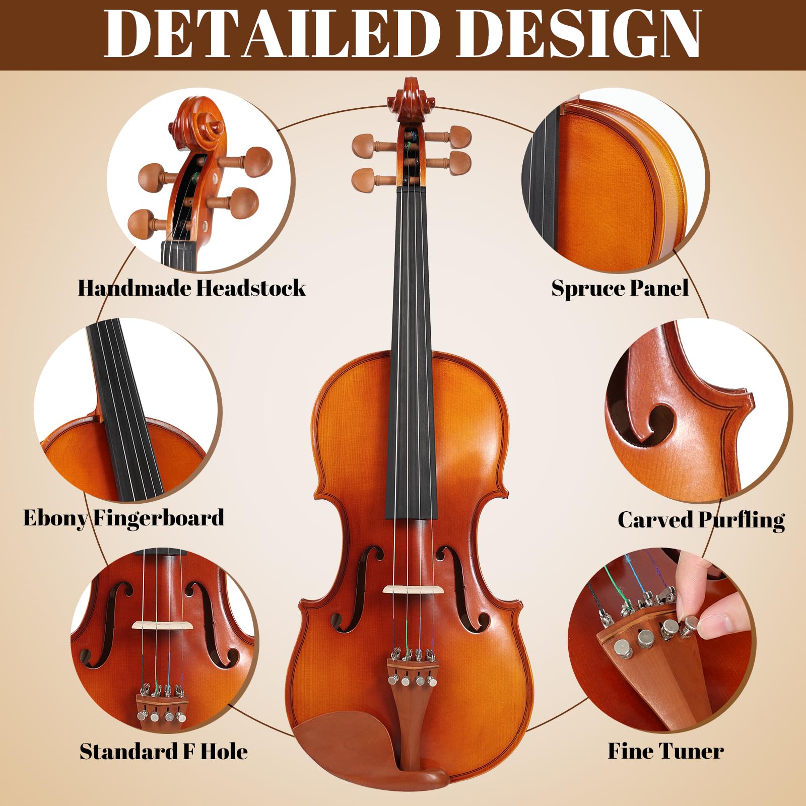 Kmise Violine 4/4 Starter-Set in voller Größe für Studenten, Anfänger, Erwachsene, robustes Jujube-Holz, akustisches Geigen-Set mit Hartschalenkoffer, Bogen, Kolophonium, extra Saiten, Schulterstütze