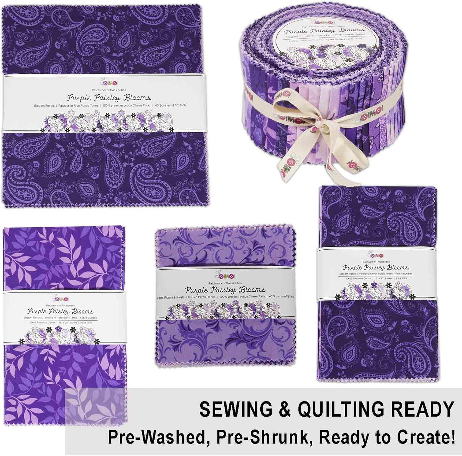 Jelly Roll 40 Strip Assorted Bundle, 2.5" Fabric Strips for Quilting, Crafting and Sewing, 100% Cotton Fabric Jelly Roll for Scrapbooking, Precut Quilt Projects, DIY Crafts - Purple Paisley Blooms