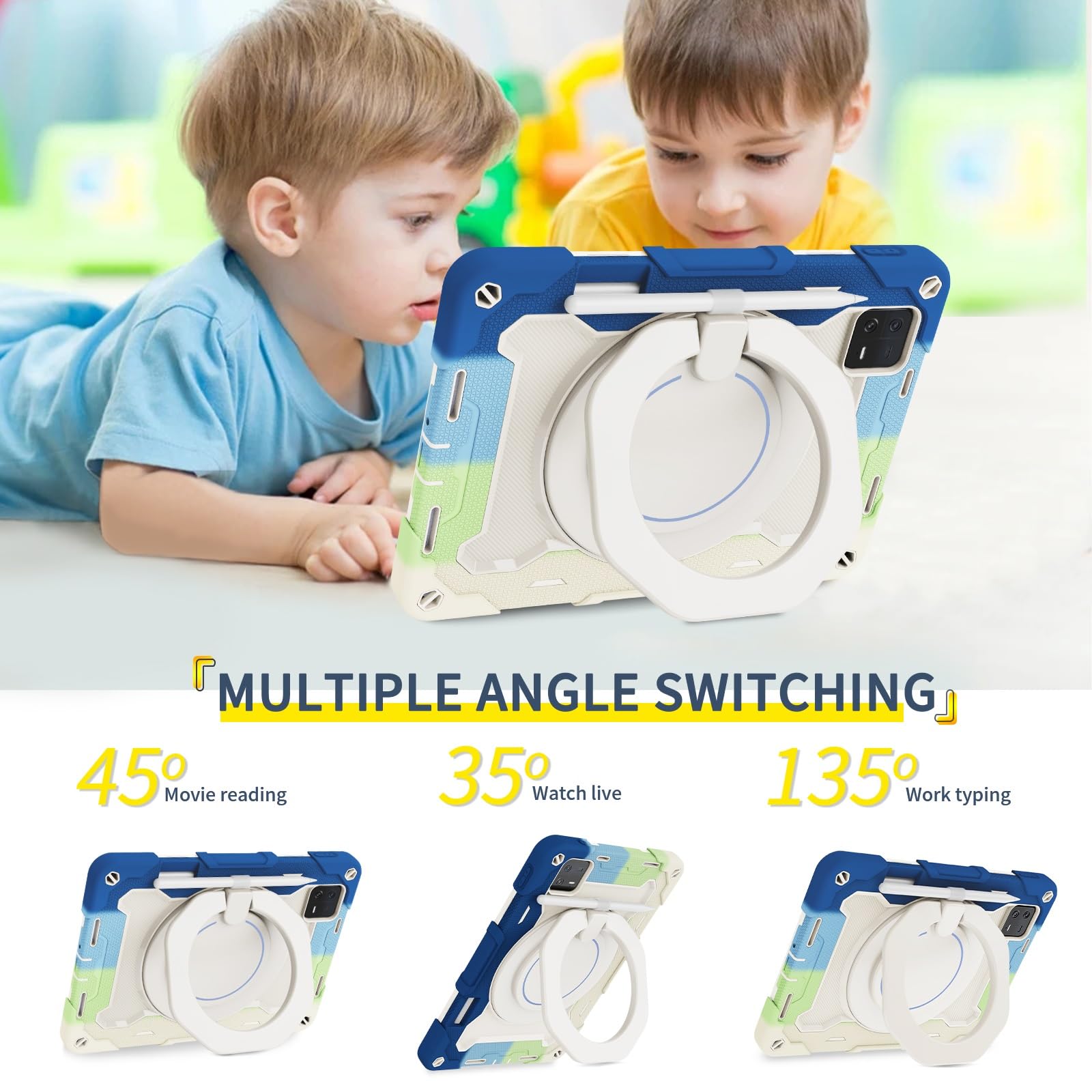 Etui dla dzieci do xiaomi mi pad 6/6 pro 2023 11,2 cala, obracany o 360 ° uchwyt etui z podstawką trzy w jednym odporna na wstrząsy obudowa, odporny upadki, pasek ramię(RAINBOW BLUE)